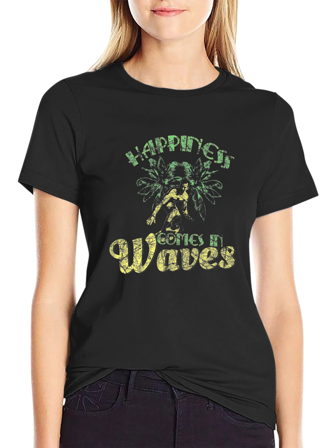 Happiness Comes In Waves Black Graphic Tee