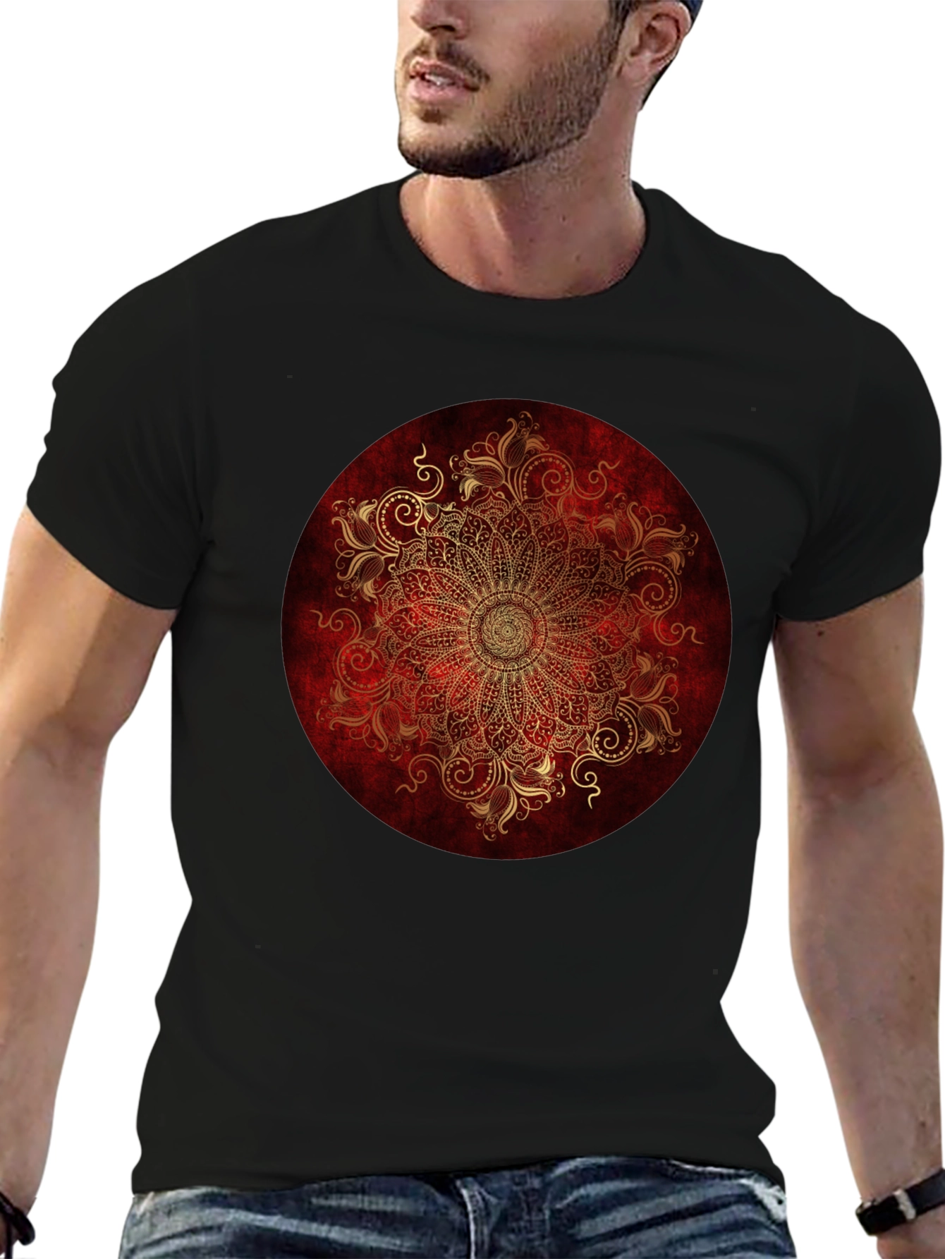 Ornate Mandala Graphic Tee - Red & Gold