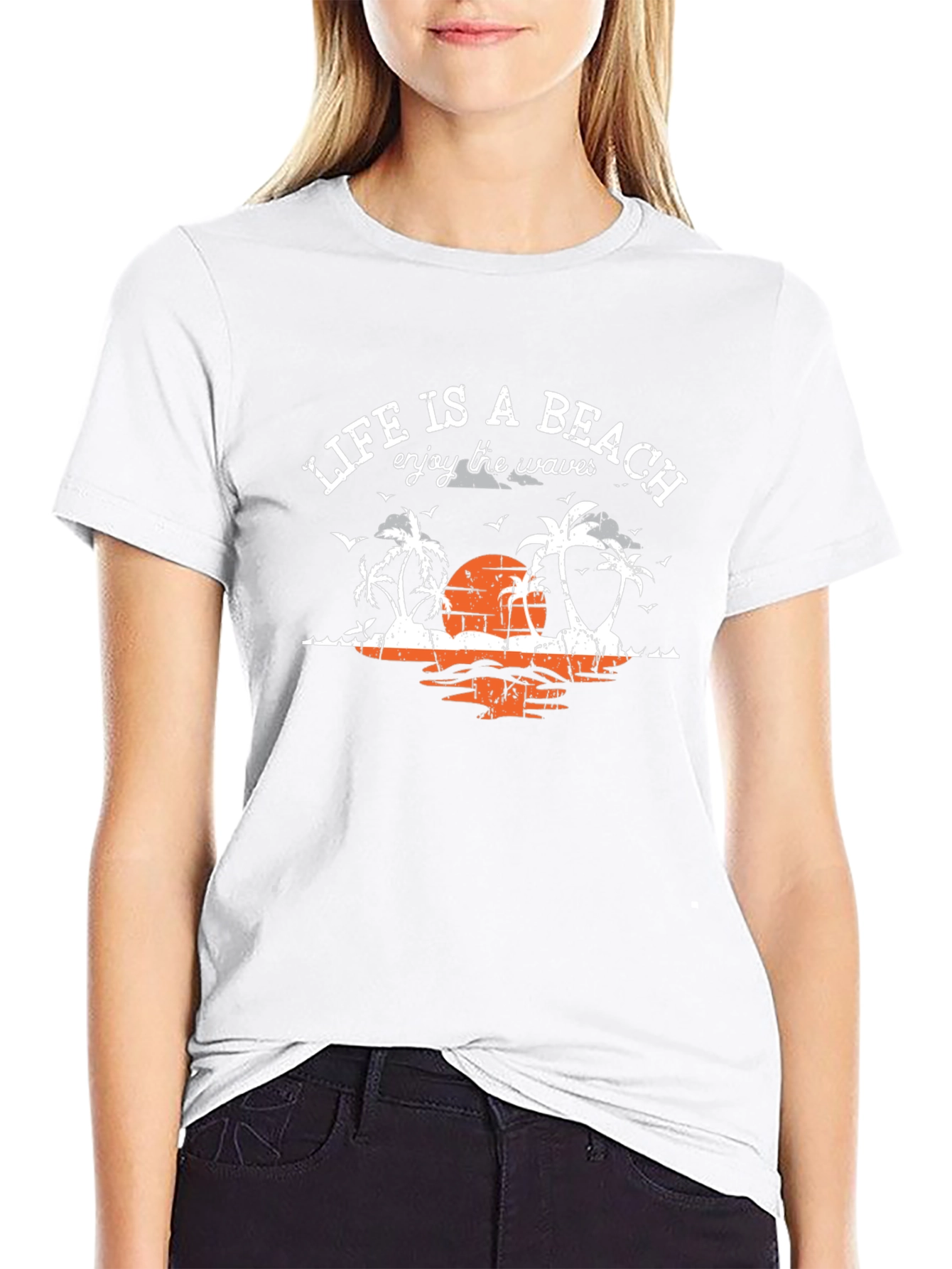 Lifes a Beach Black T-Shirt Enjoy the Waves