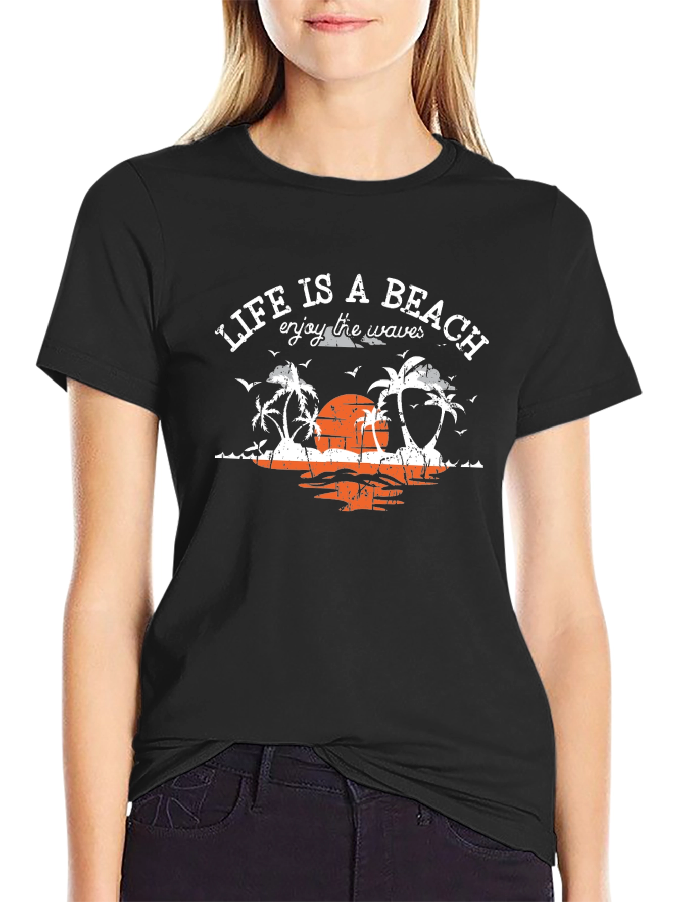 Lifes a Beach Black T-Shirt Enjoy the Waves