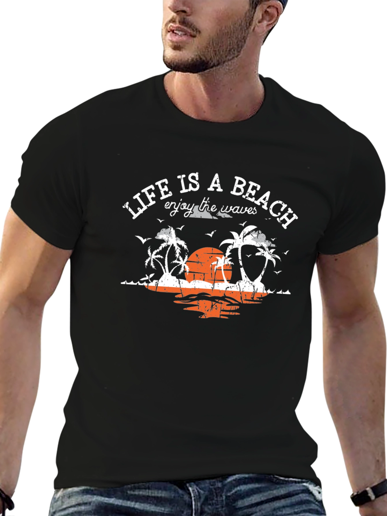 Lifes a Beach Black T-Shirt Enjoy the Waves