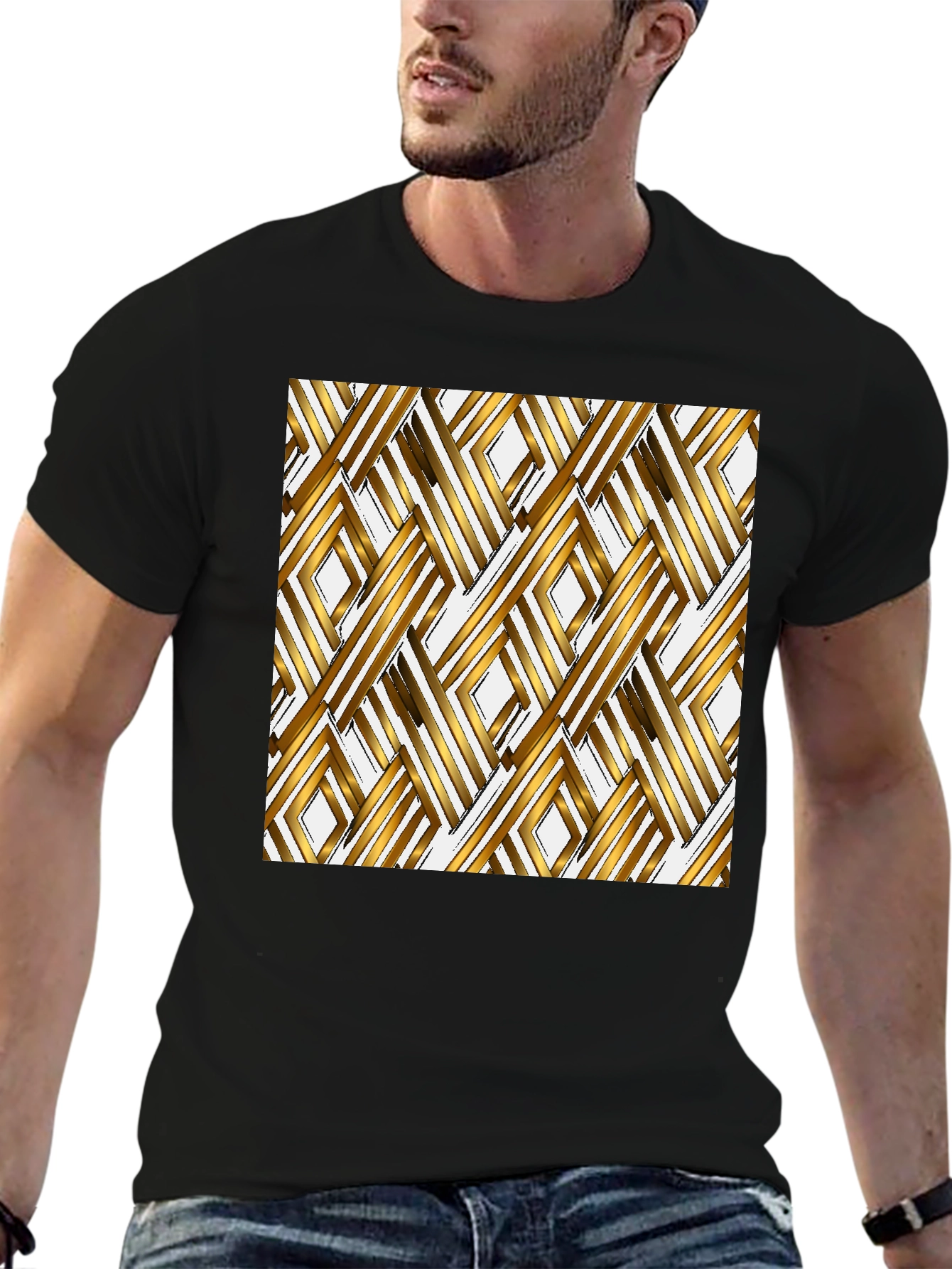 Geometric Gold Pattern Black T-Shirt