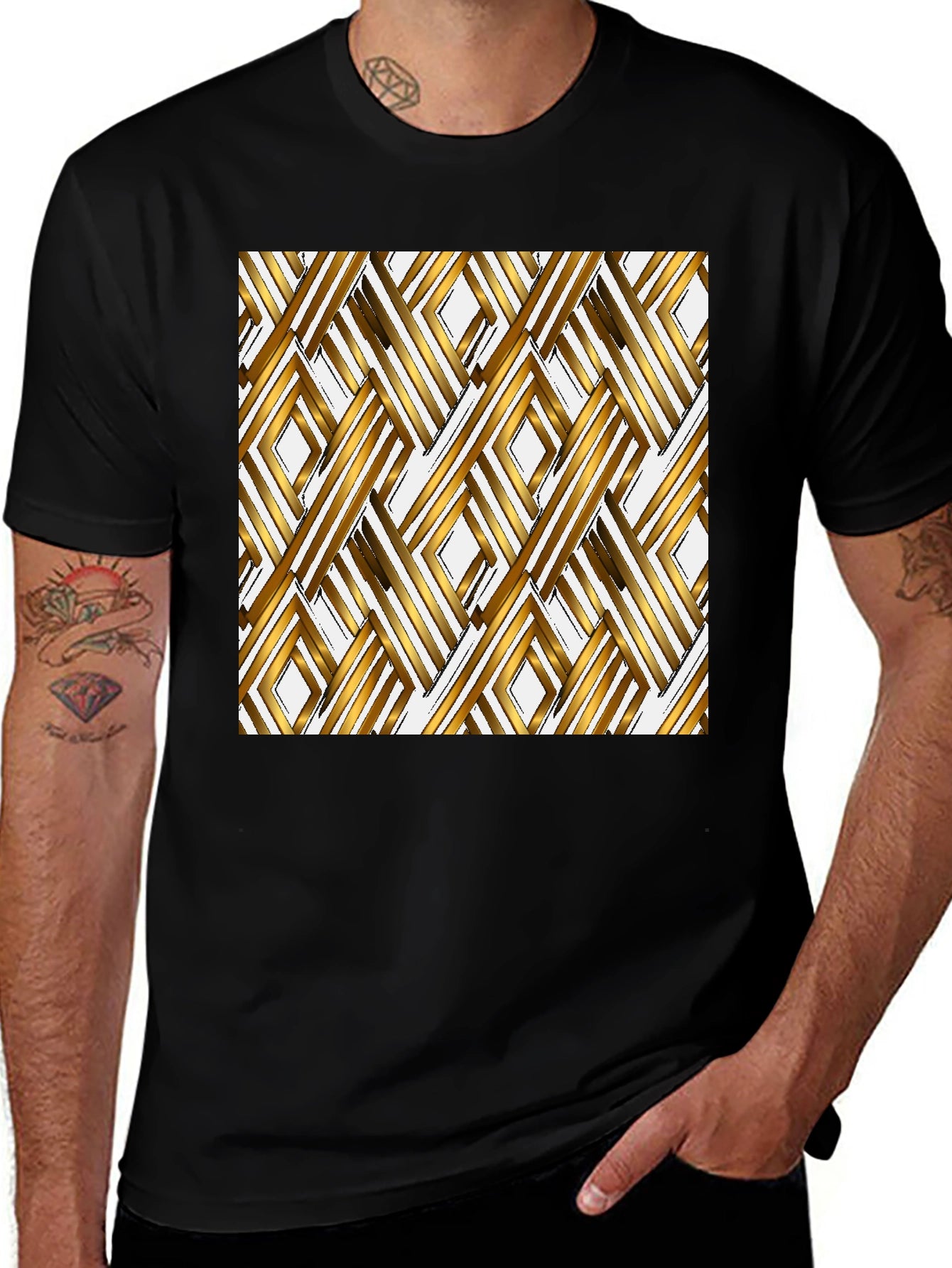 Geometric Gold Pattern Black T-Shirt
