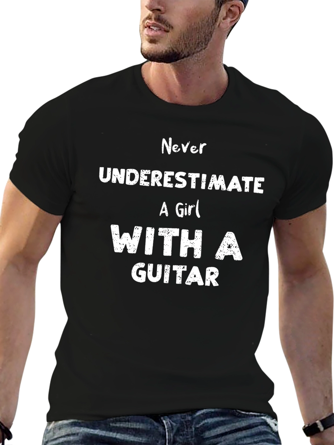 Never Underestimate Girl With Guitar Black T-Shirt