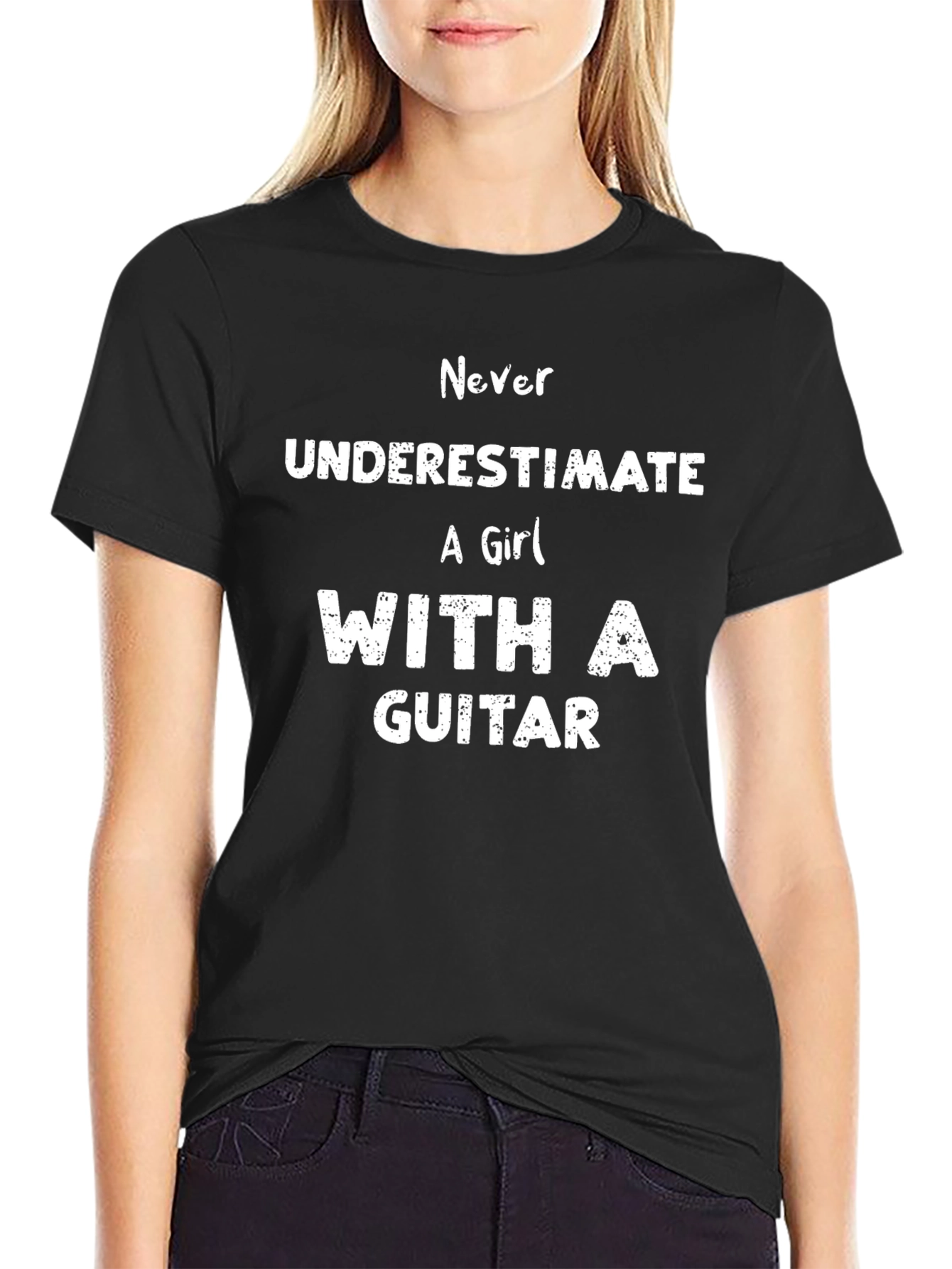 Never Underestimate Girl With Guitar Black T-Shirt