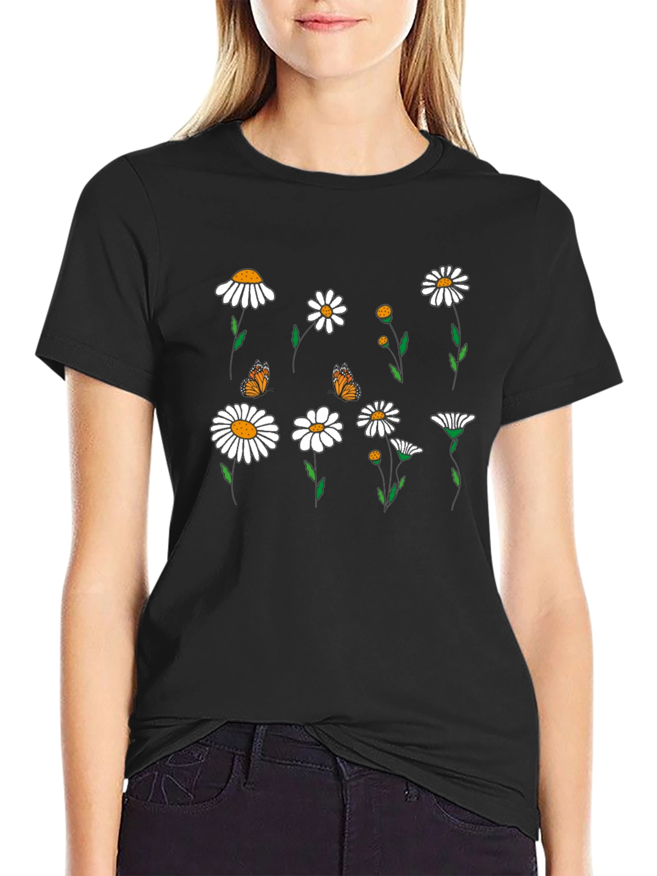 Floral Butterfly Graphic Tee - Black Casual T-Shirt