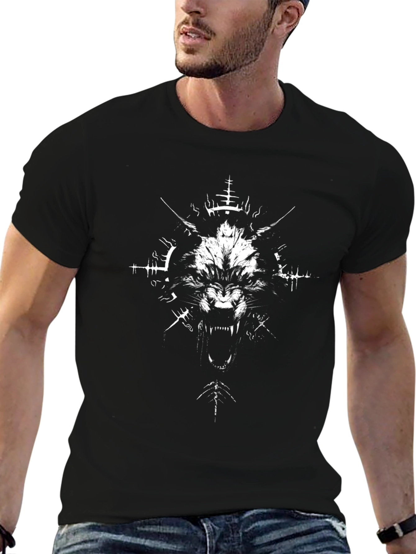 Mens Black Graphic Tee - Wolf Design
