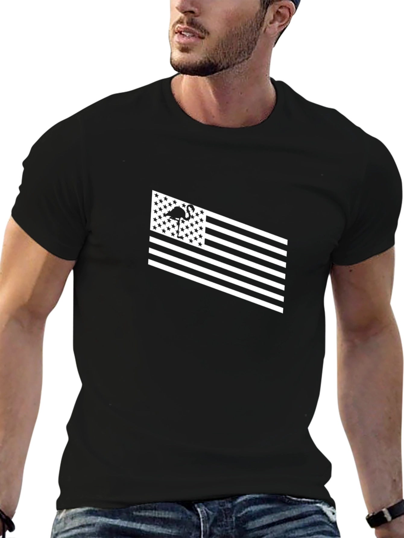 Flamingo American Flag T-Shirt - Black
