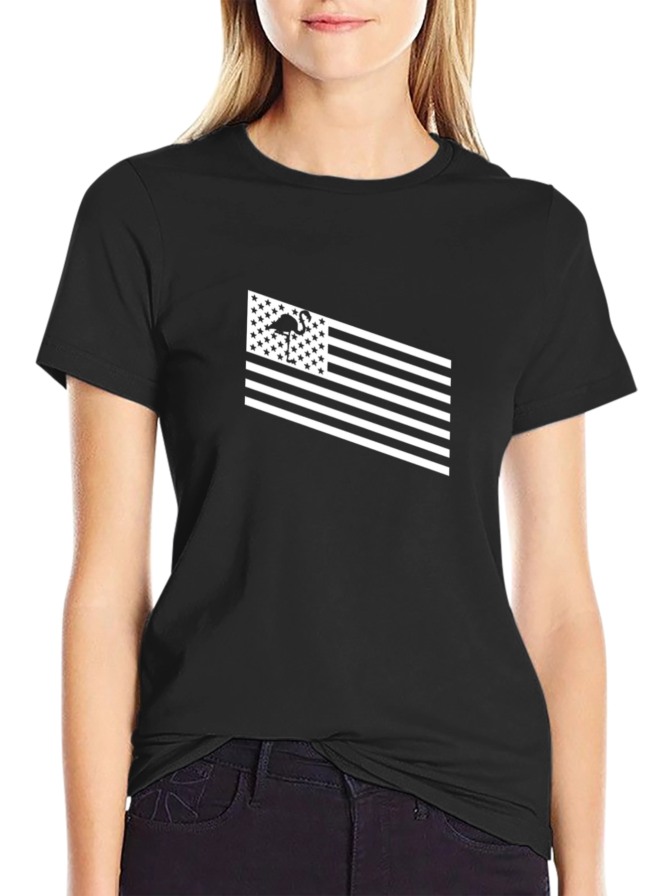 Flamingo American Flag T-Shirt - Black