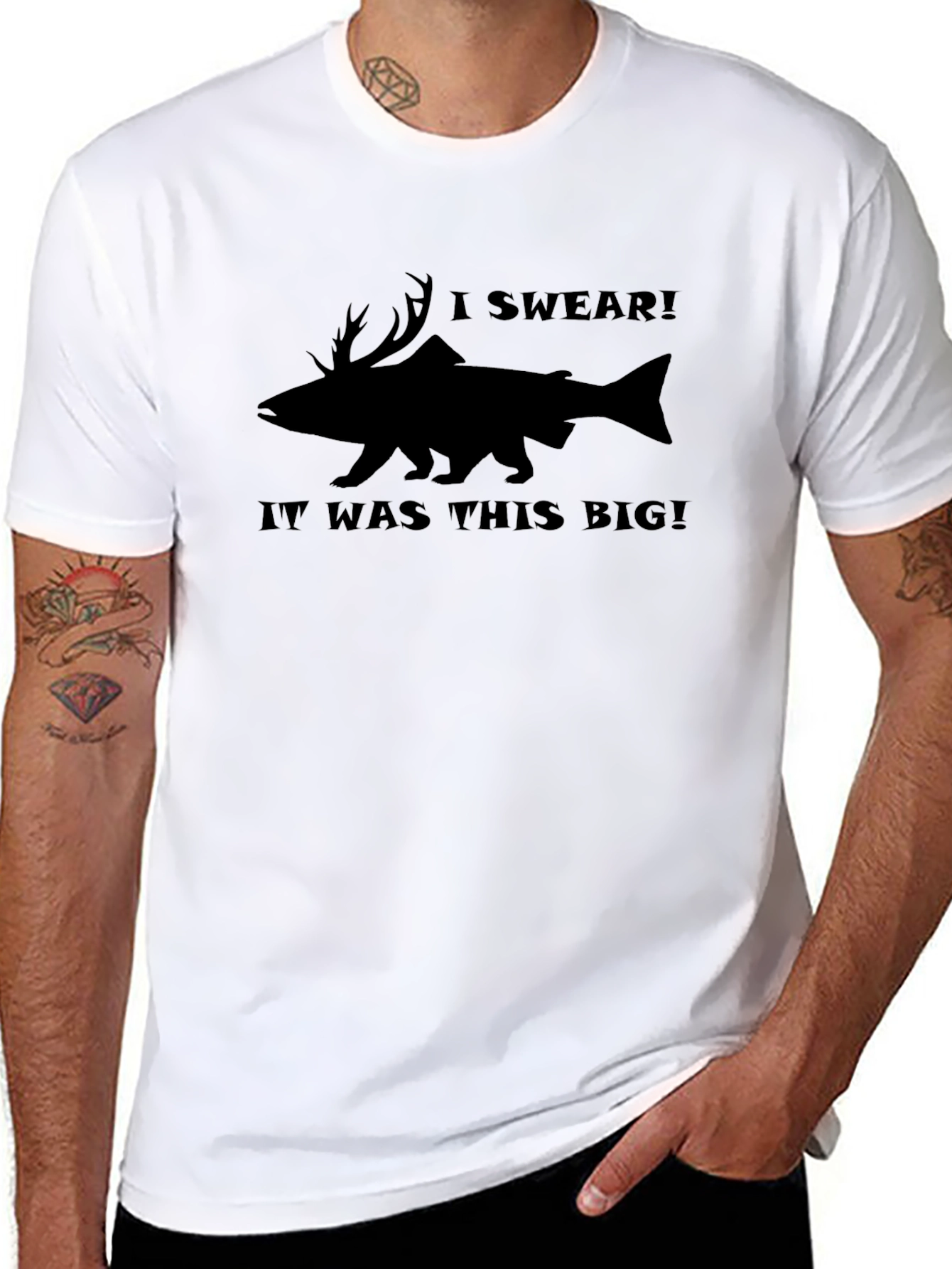Humorous I Swear Fishing Tale Black T-Shirt
