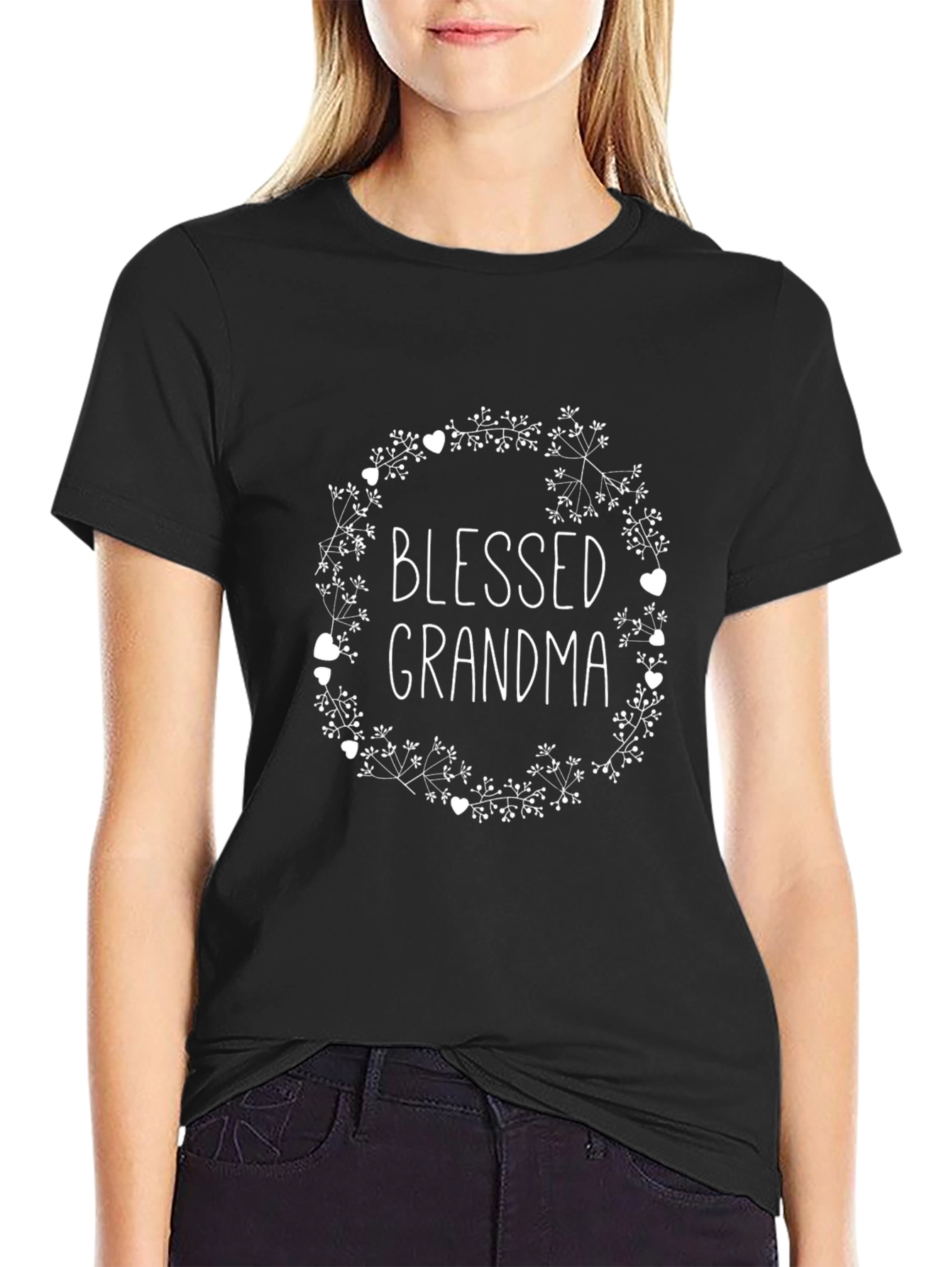 Blessed Grandma T-Shirt - Floral Heart Wreath Design