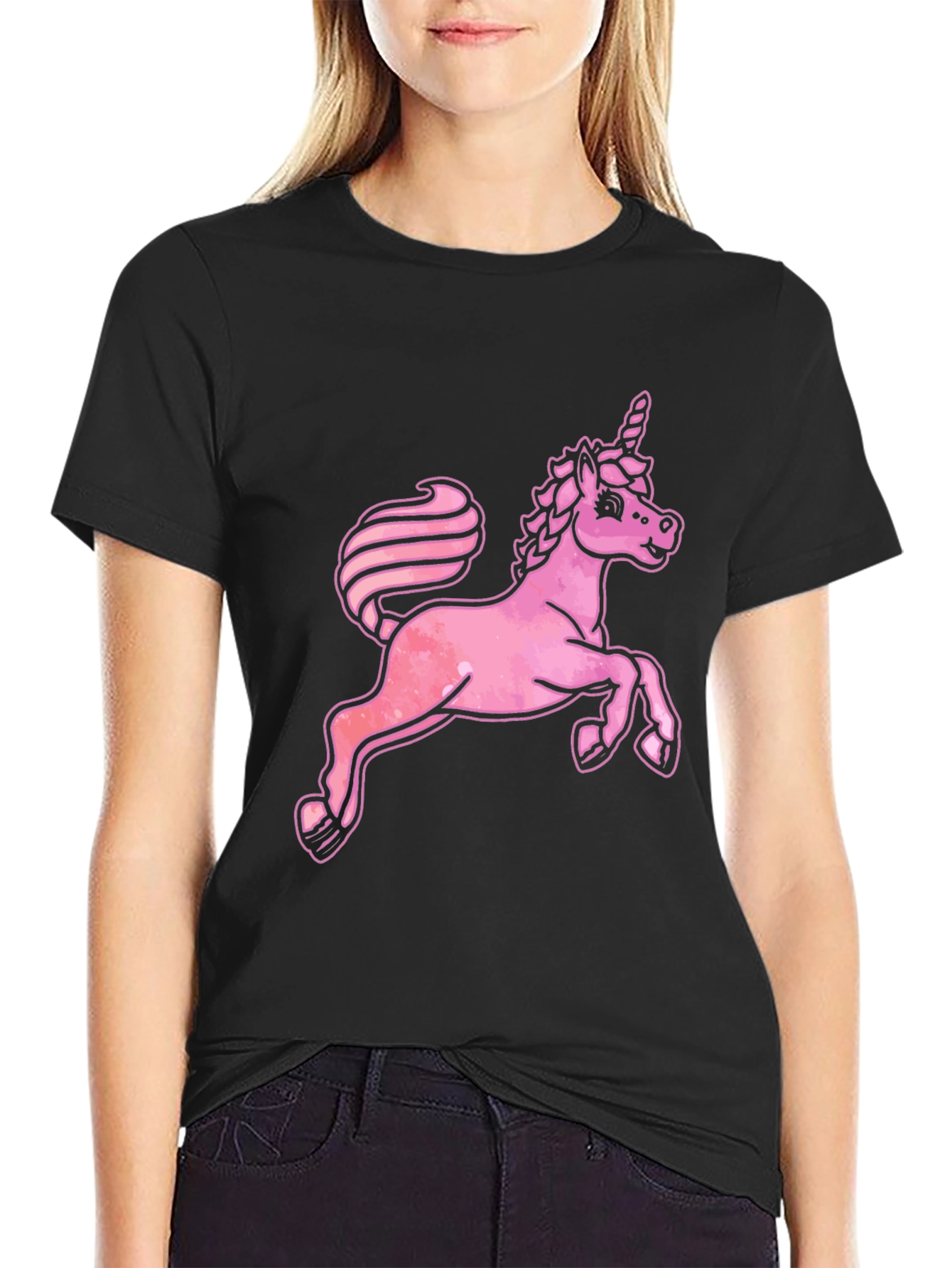 Pink Unicorn Graphic Black T-Shirt
