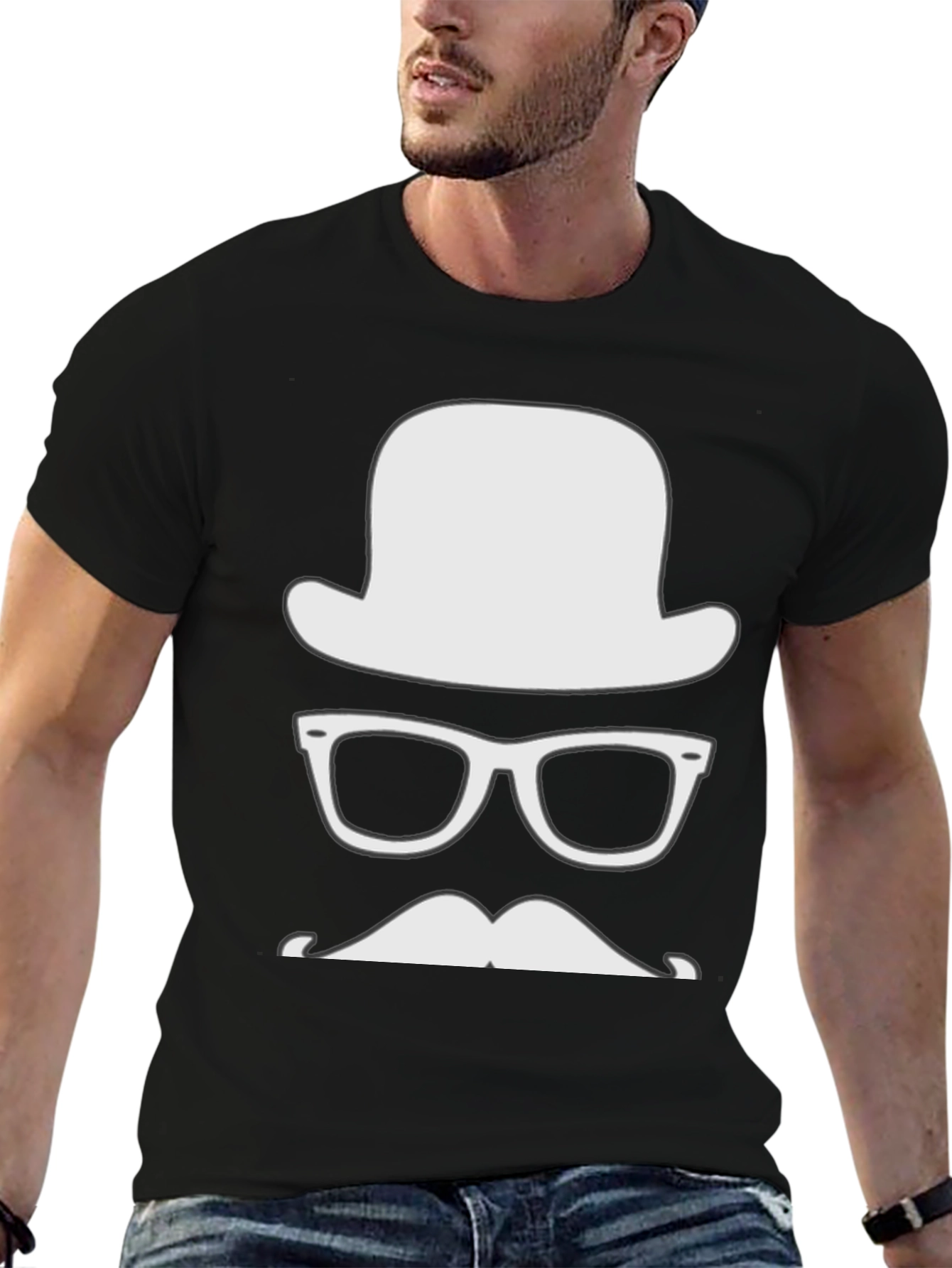 Mens Hipster Graphic Tee - Hat Glasses Mustache