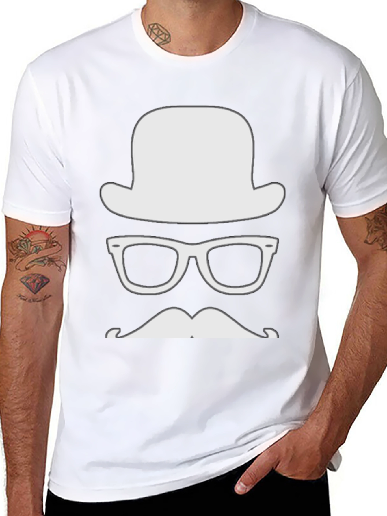 Mens Hipster Graphic Tee - Hat Glasses Mustache