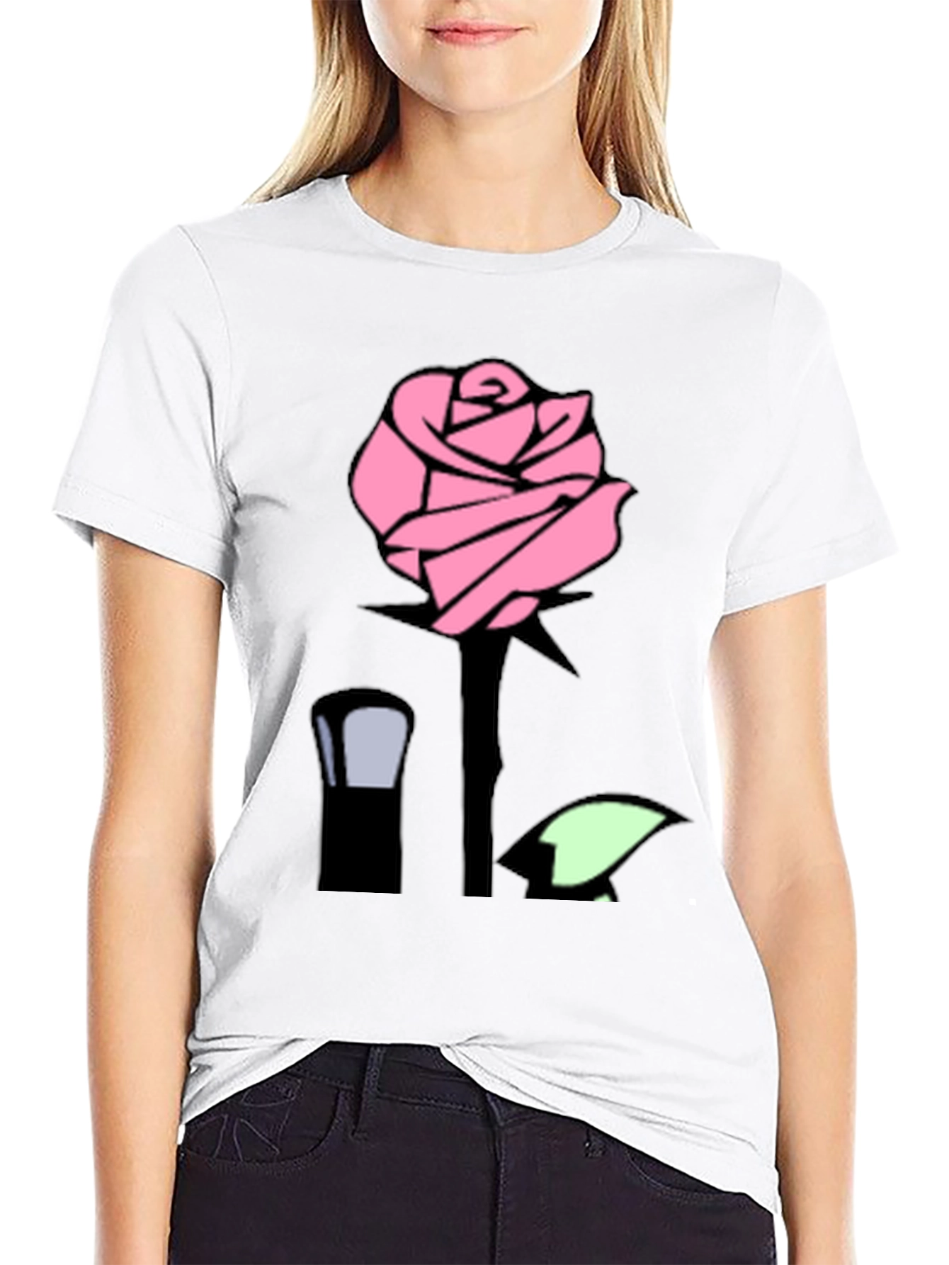 Pink Rose Graphic Black T-Shirt