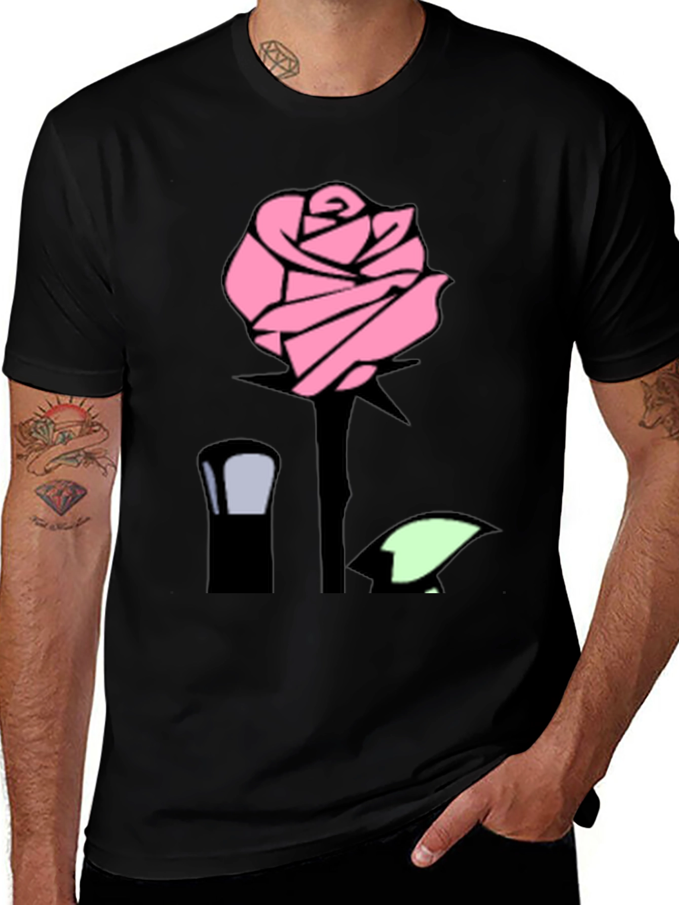 Pink Rose Graphic Black T-Shirt