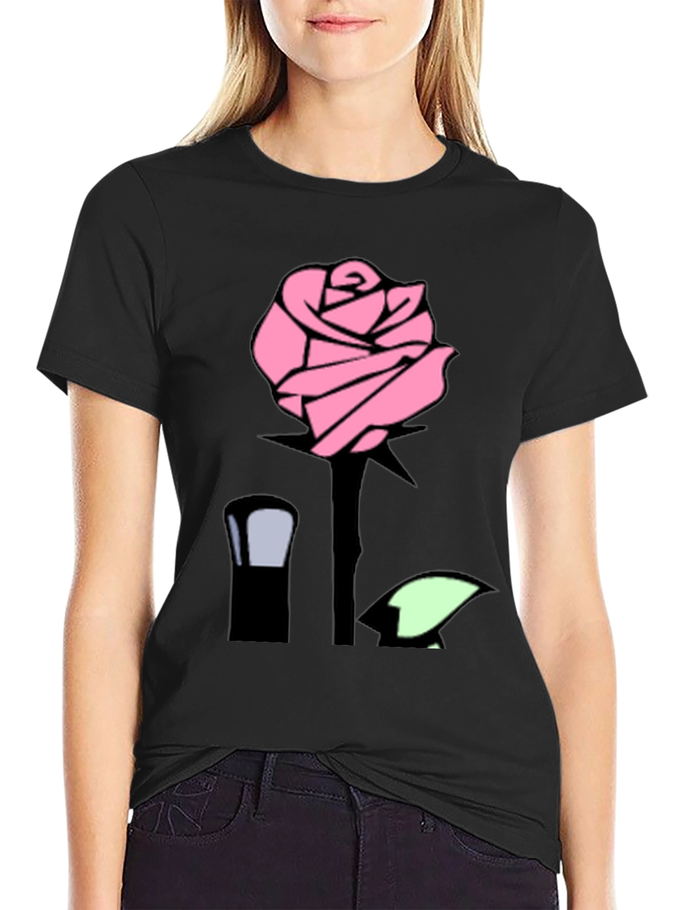 Pink Rose Graphic Black T-Shirt