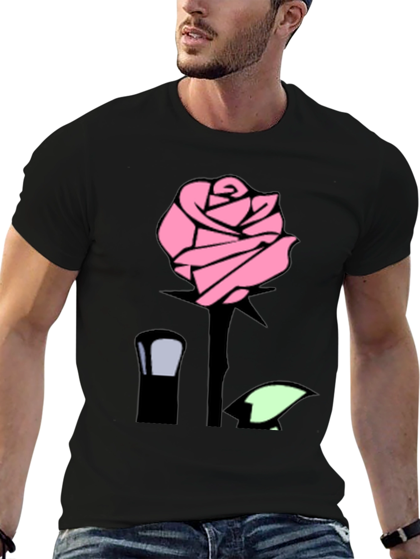 Pink Rose Graphic Black T-Shirt
