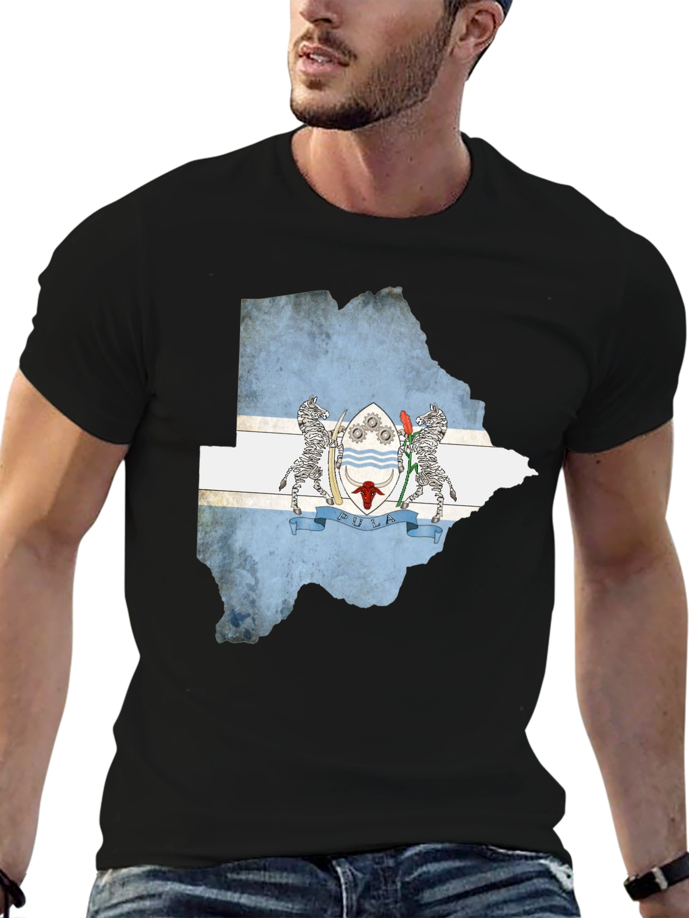 Botswana Flag Map Black T-Shirt