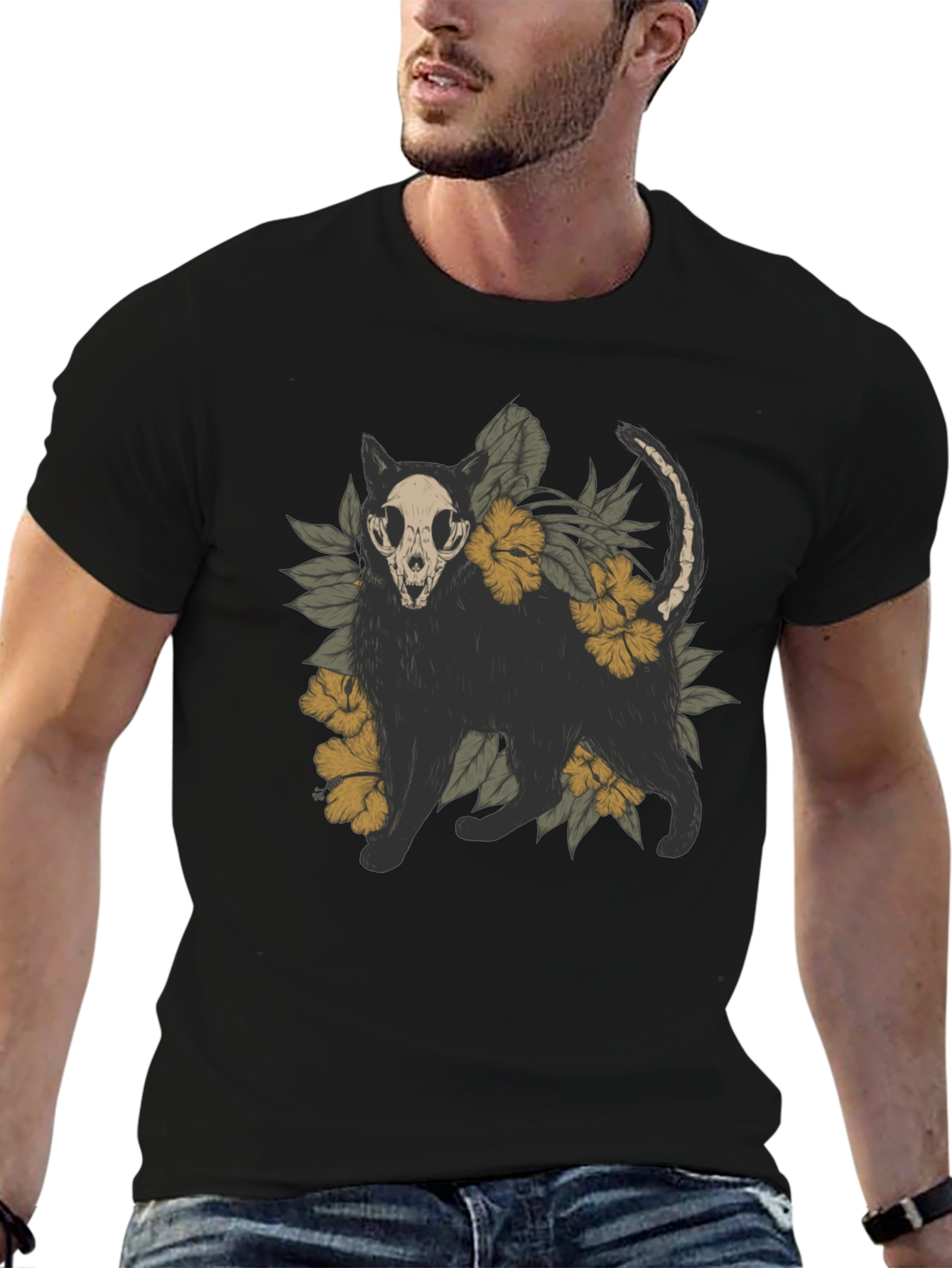 Skull Cat Graphic Tee - Mens Black T-Shirt