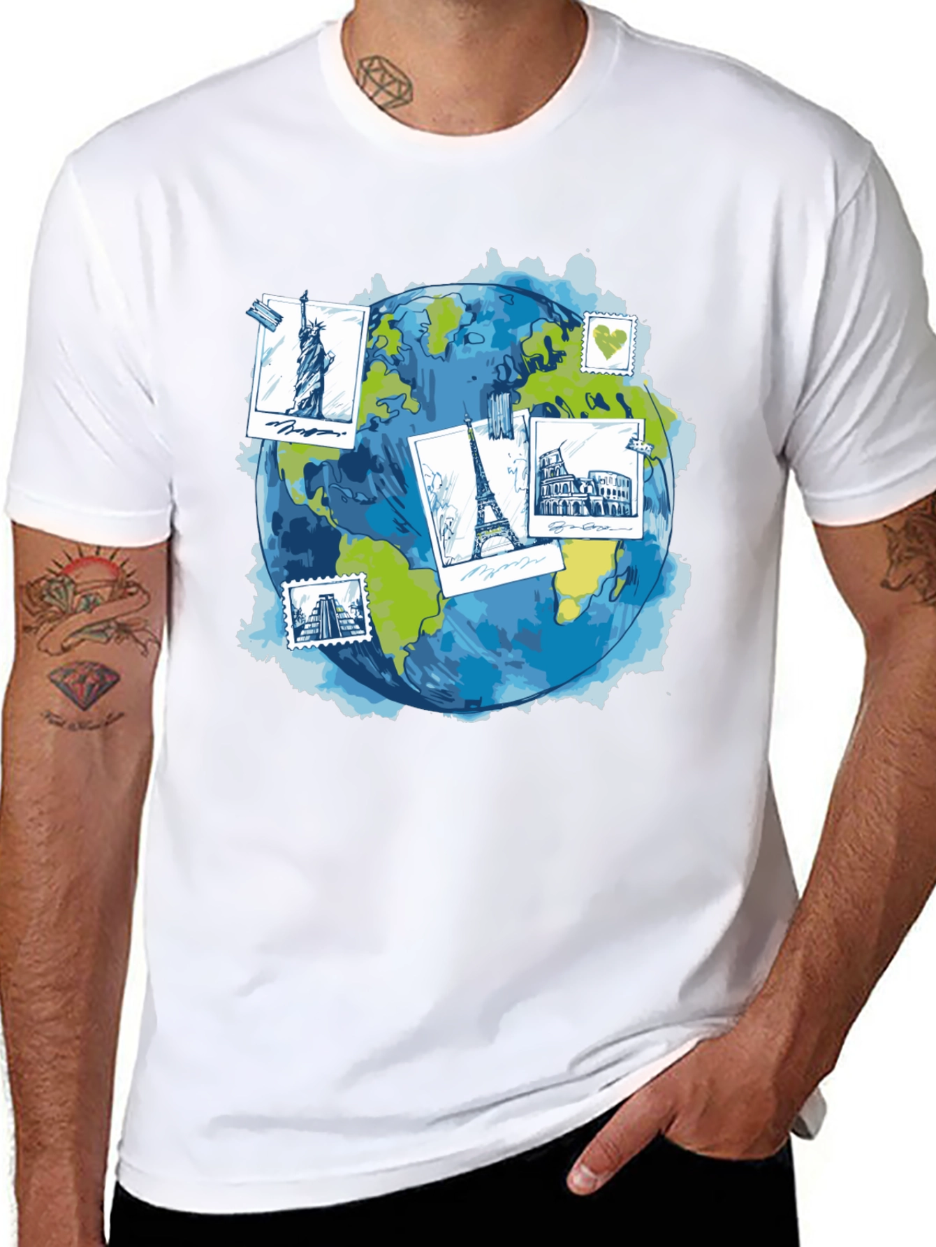 World Travel Landmarks Globe Graphic T-Shirt