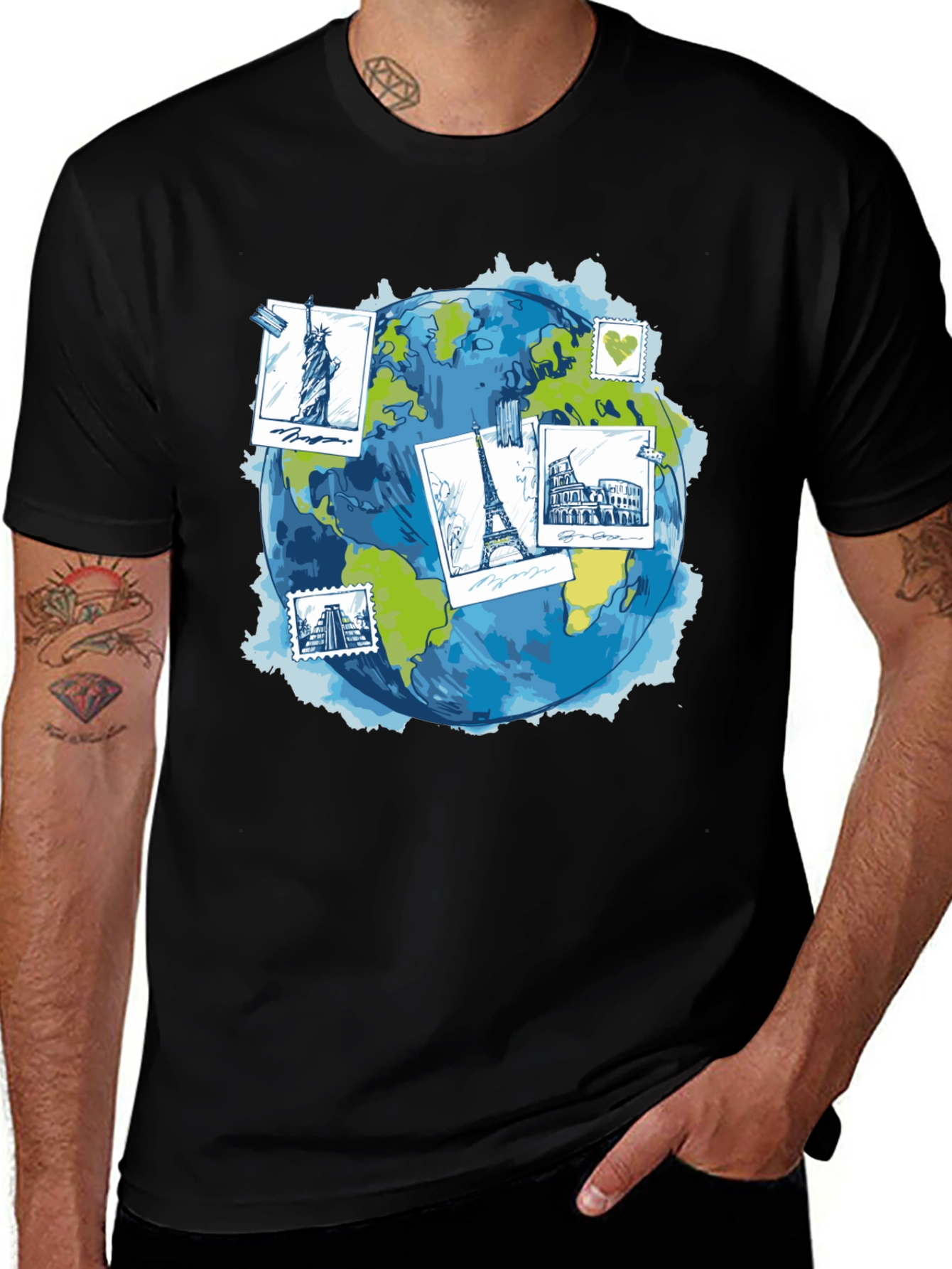 World Travel Landmarks Globe Graphic T-Shirt