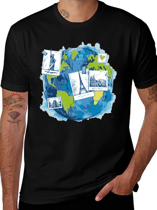 World Travel Landmarks Globe Graphic T-Shirt