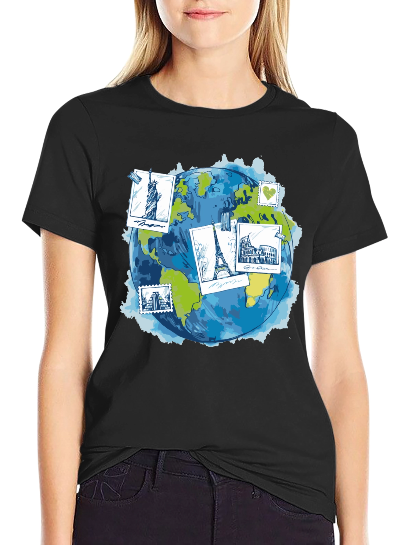 World Travel Landmarks Globe Graphic T-Shirt