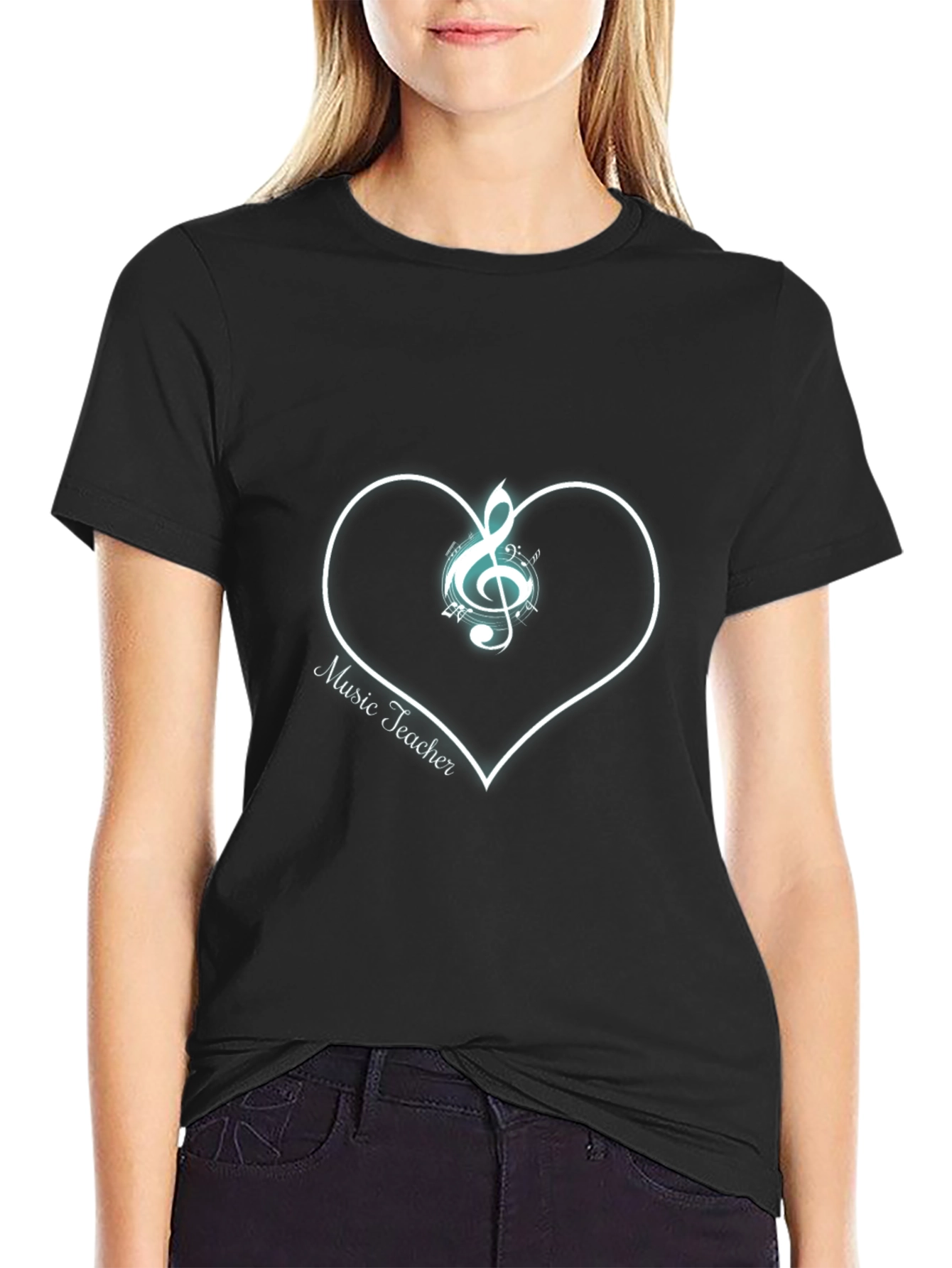 Music Teacher T-Shirt Treble Clef Heart Graphic Tee Black