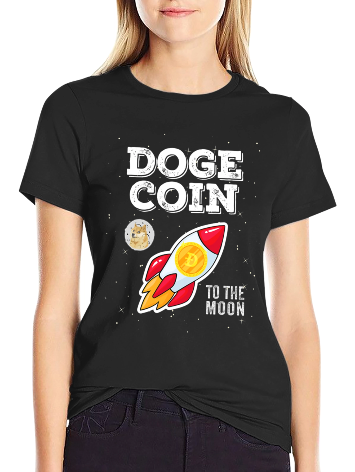 Doge Coin Rocket to the Moon Black T-Shirt