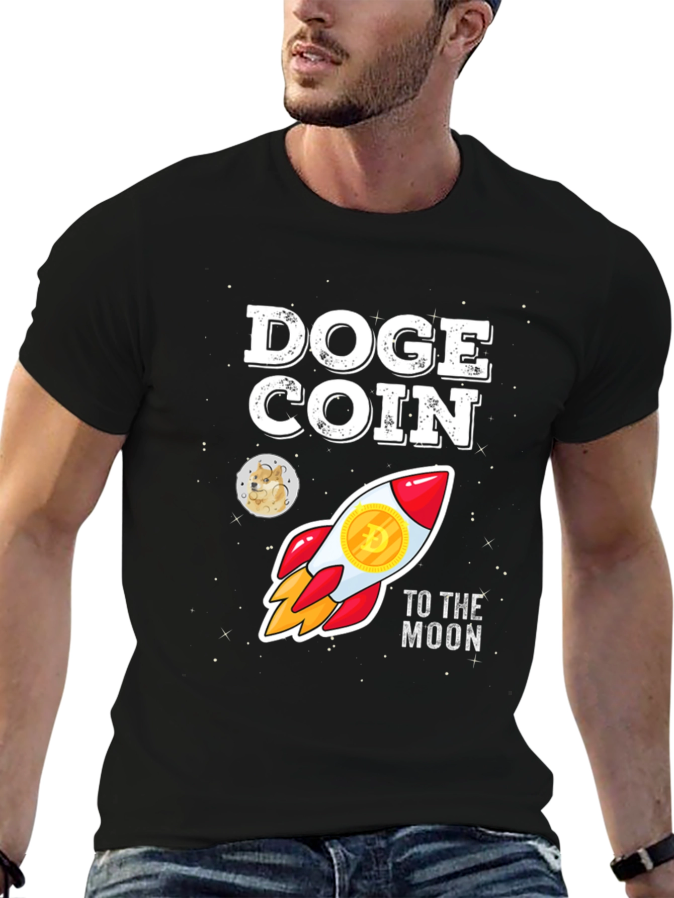 Doge Coin Rocket to the Moon Black T-Shirt