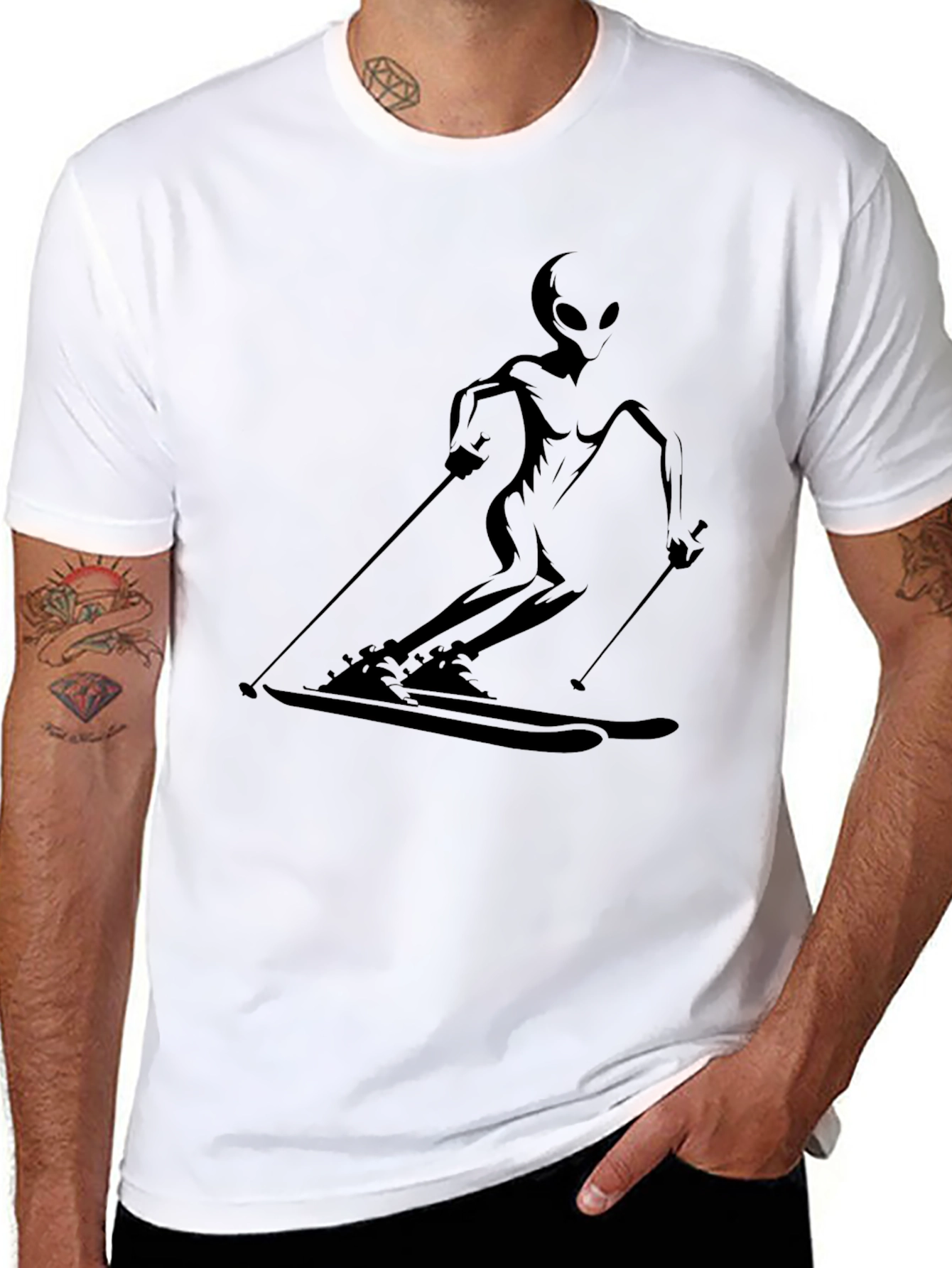 Alien Skiing Graphic Tee - Cool Black T-Shirt
