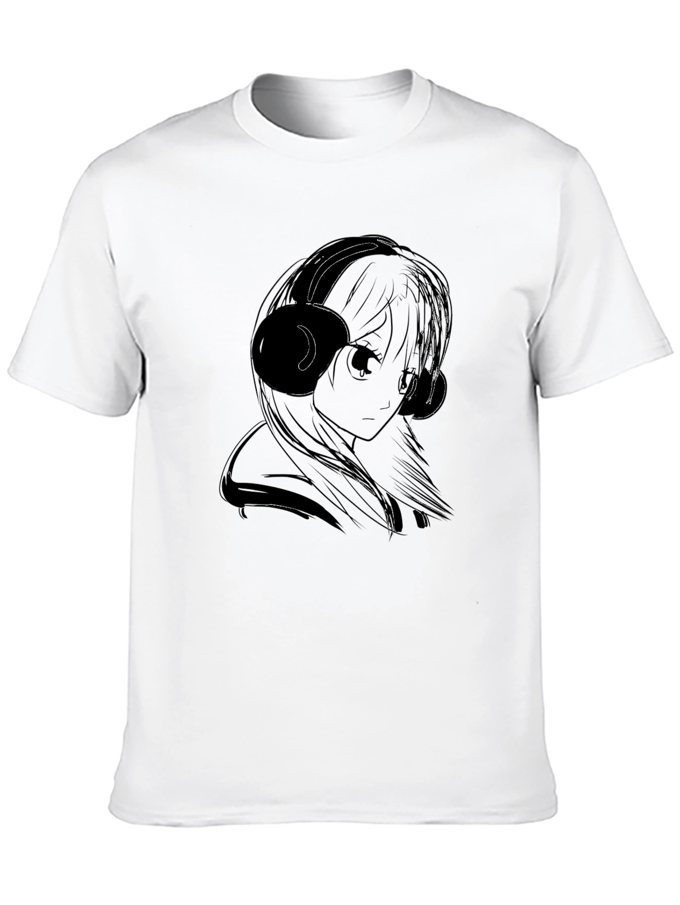 Anime Girl with Headphones Black T-Shirt