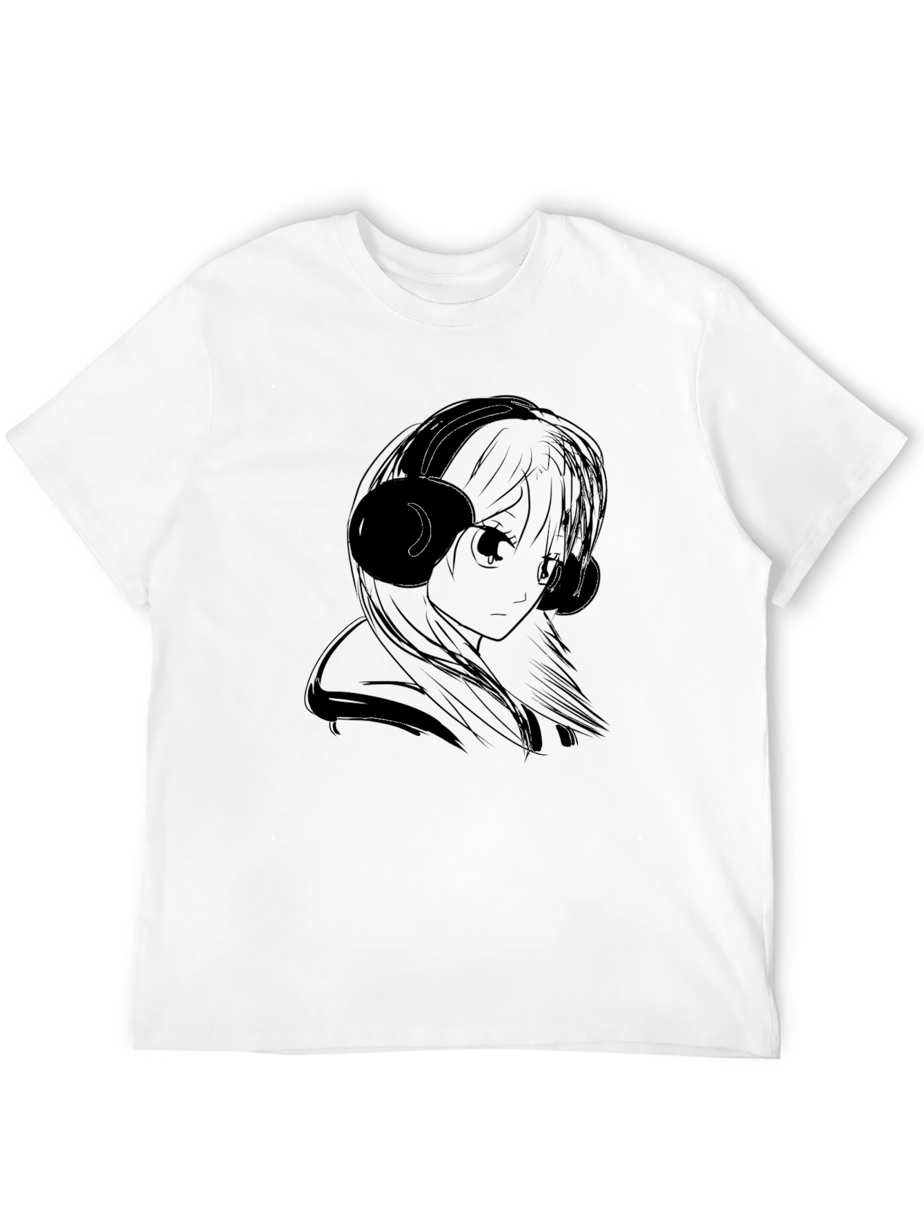 Anime Girl with Headphones Black T-Shirt