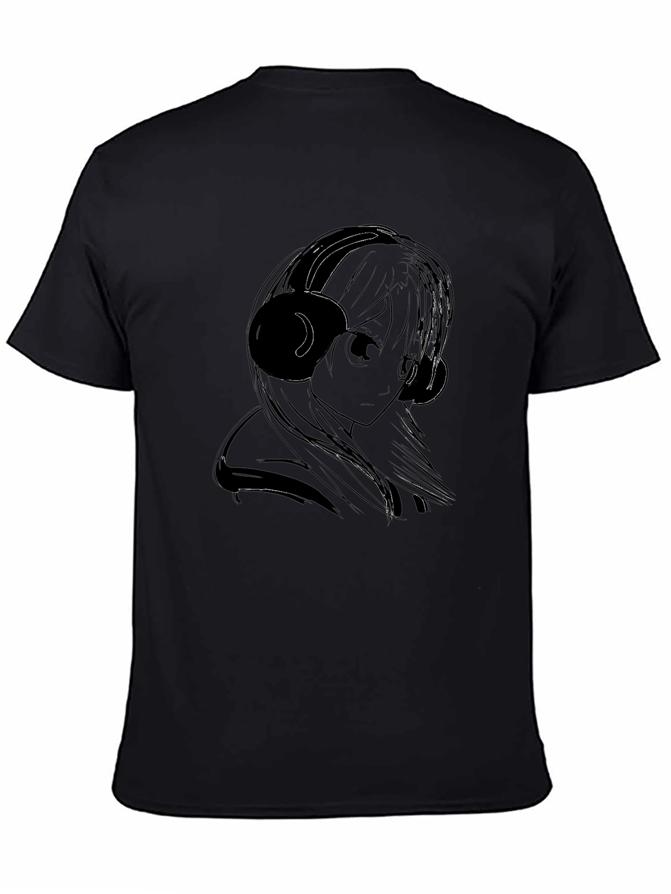 Anime Girl with Headphones Black T-Shirt