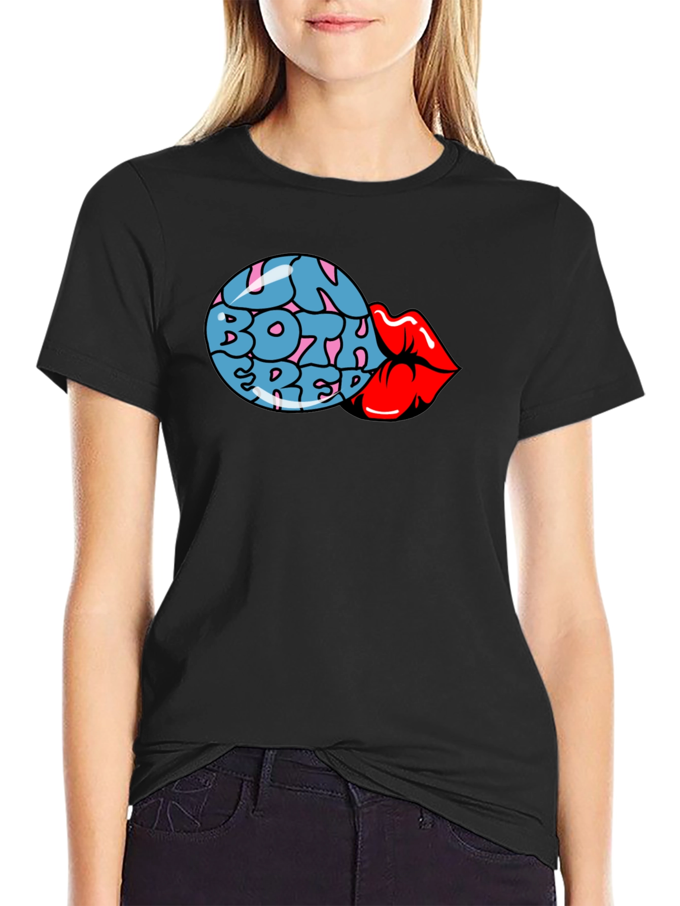 Fun Both Red Lips Graphic Black T-Shirt