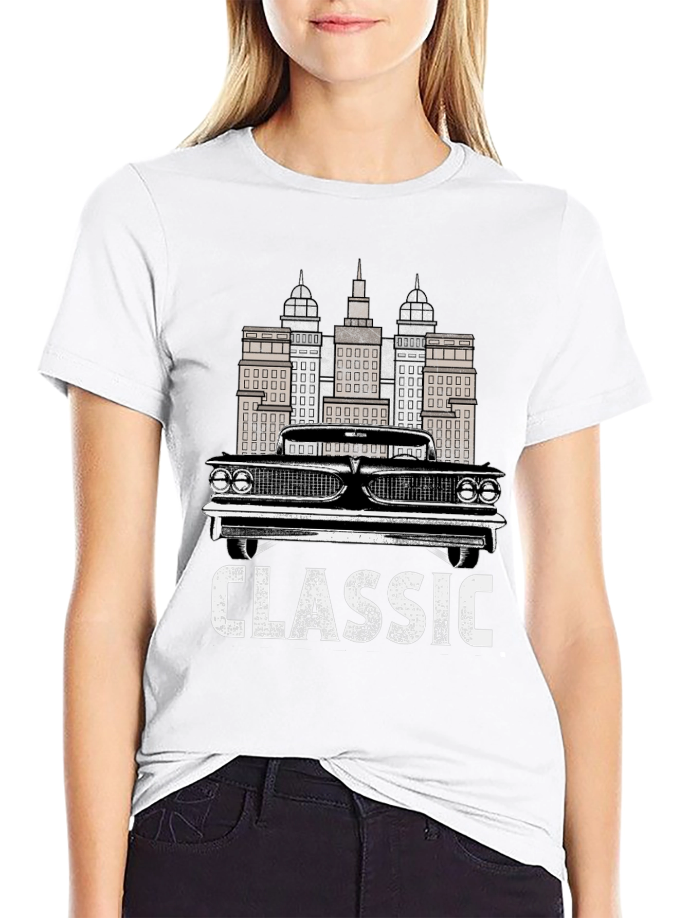 Classic Car & Cityscape Black Graphic Tee
