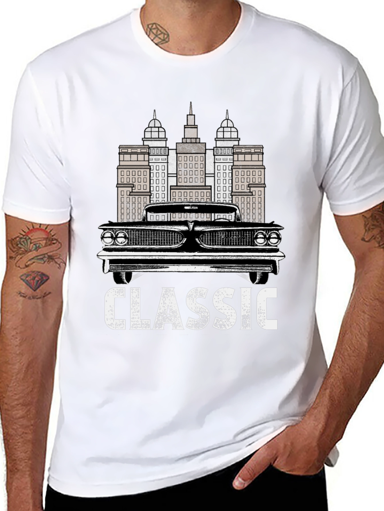 Classic Car & Cityscape Black Graphic Tee