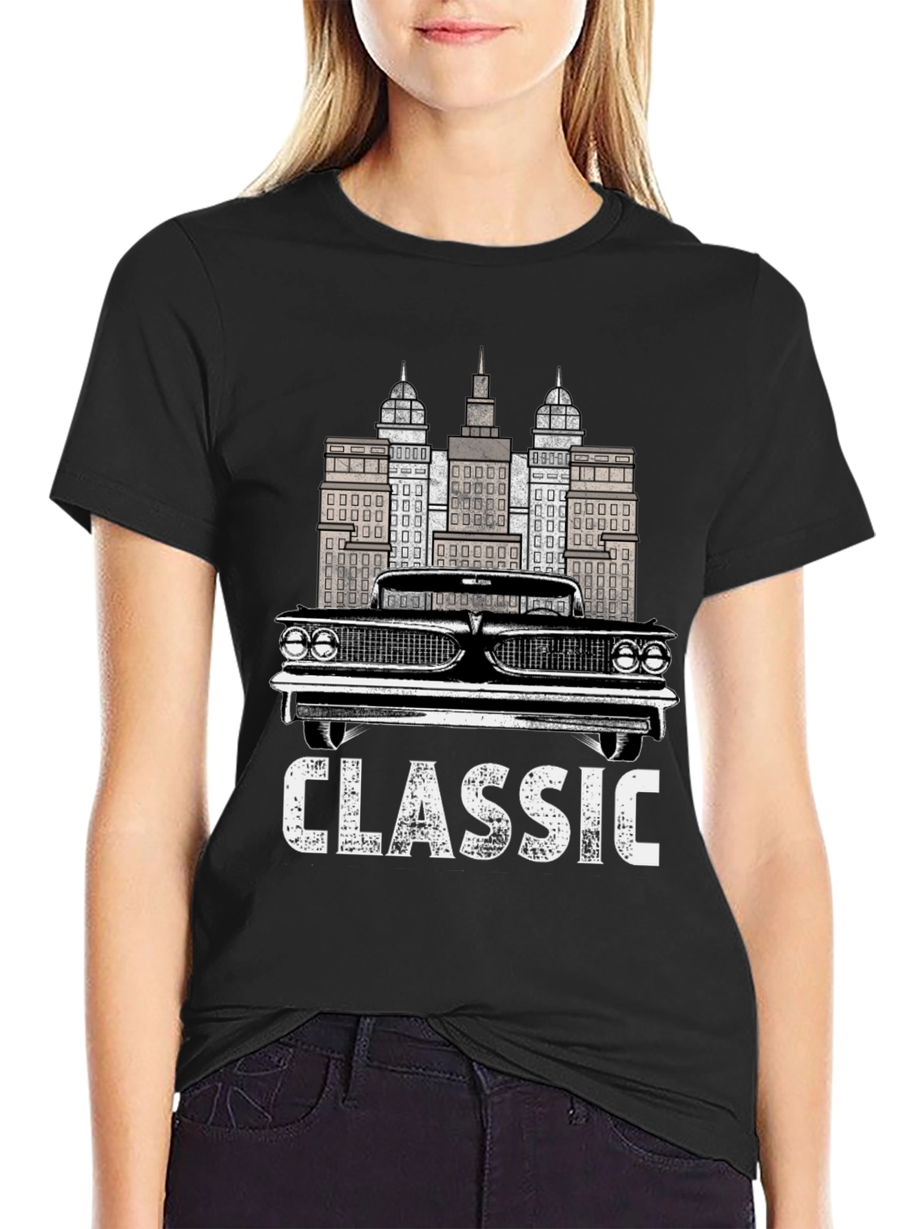 Classic Car & Cityscape Black Graphic Tee