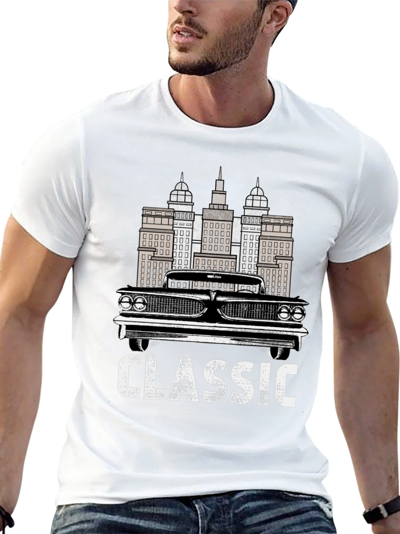 Classic Car & Cityscape Black Graphic Tee