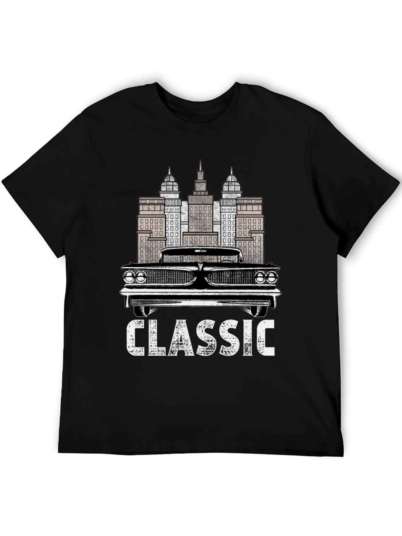 Classic Car & Cityscape Black Graphic Tee