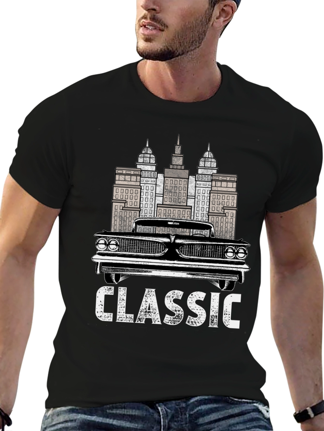 Classic Car & Cityscape Black Graphic Tee