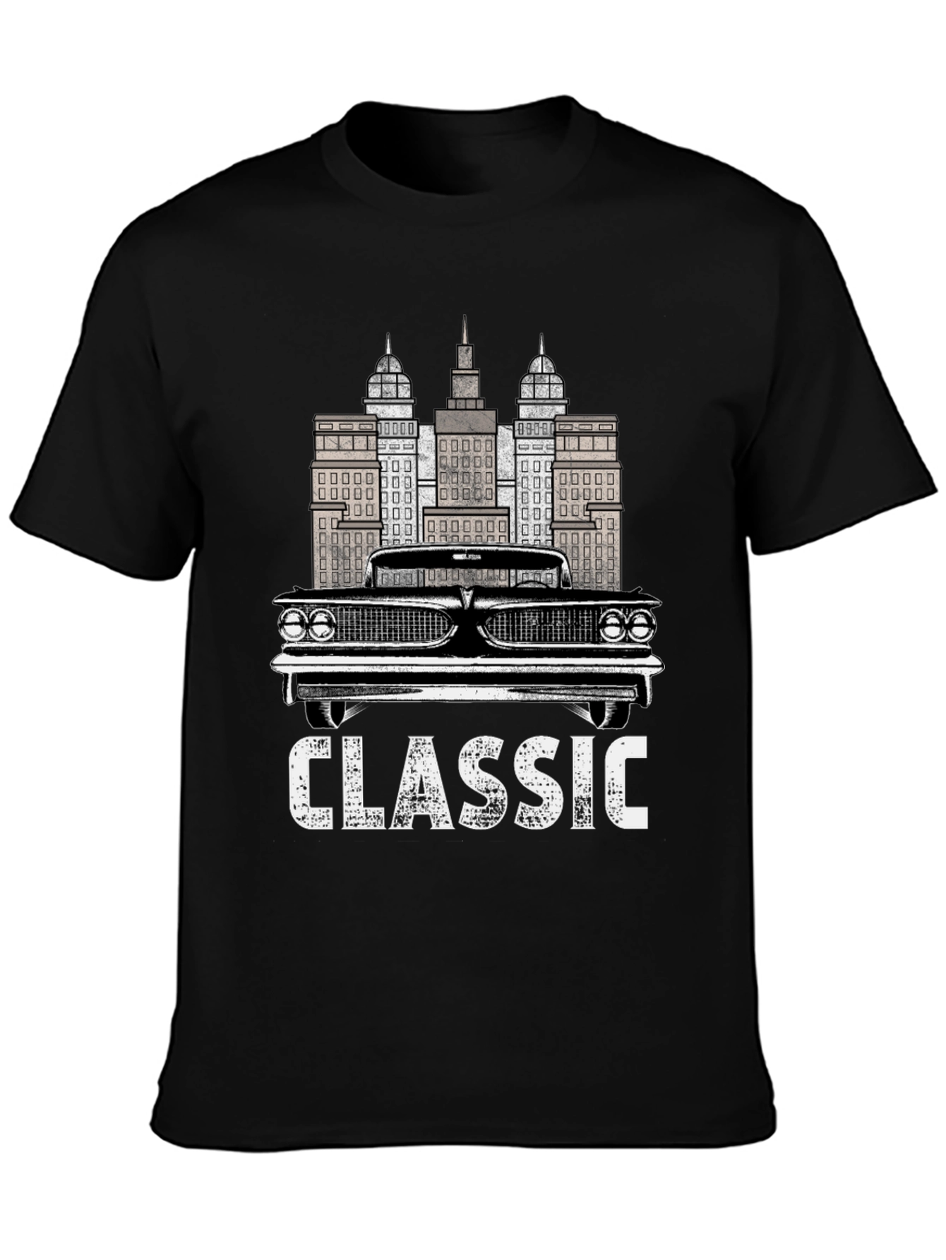 Classic Car & Cityscape Black Graphic Tee