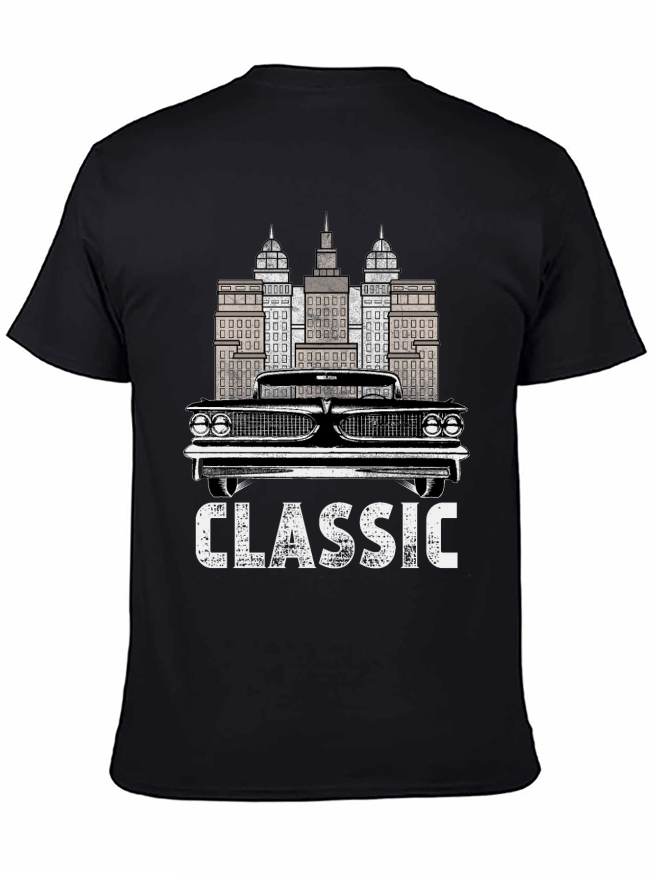 Classic Car & Cityscape Black Graphic Tee