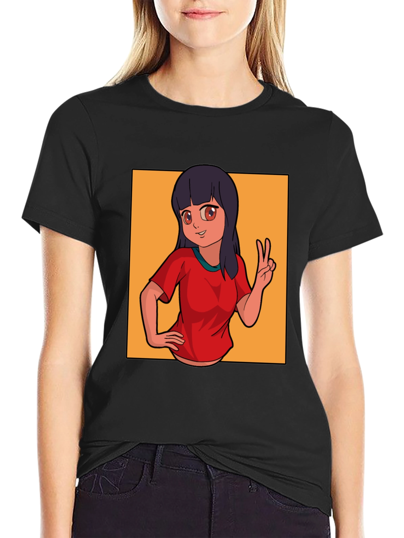 Anime Girl Peace Sign Graphic Black T-Shirt