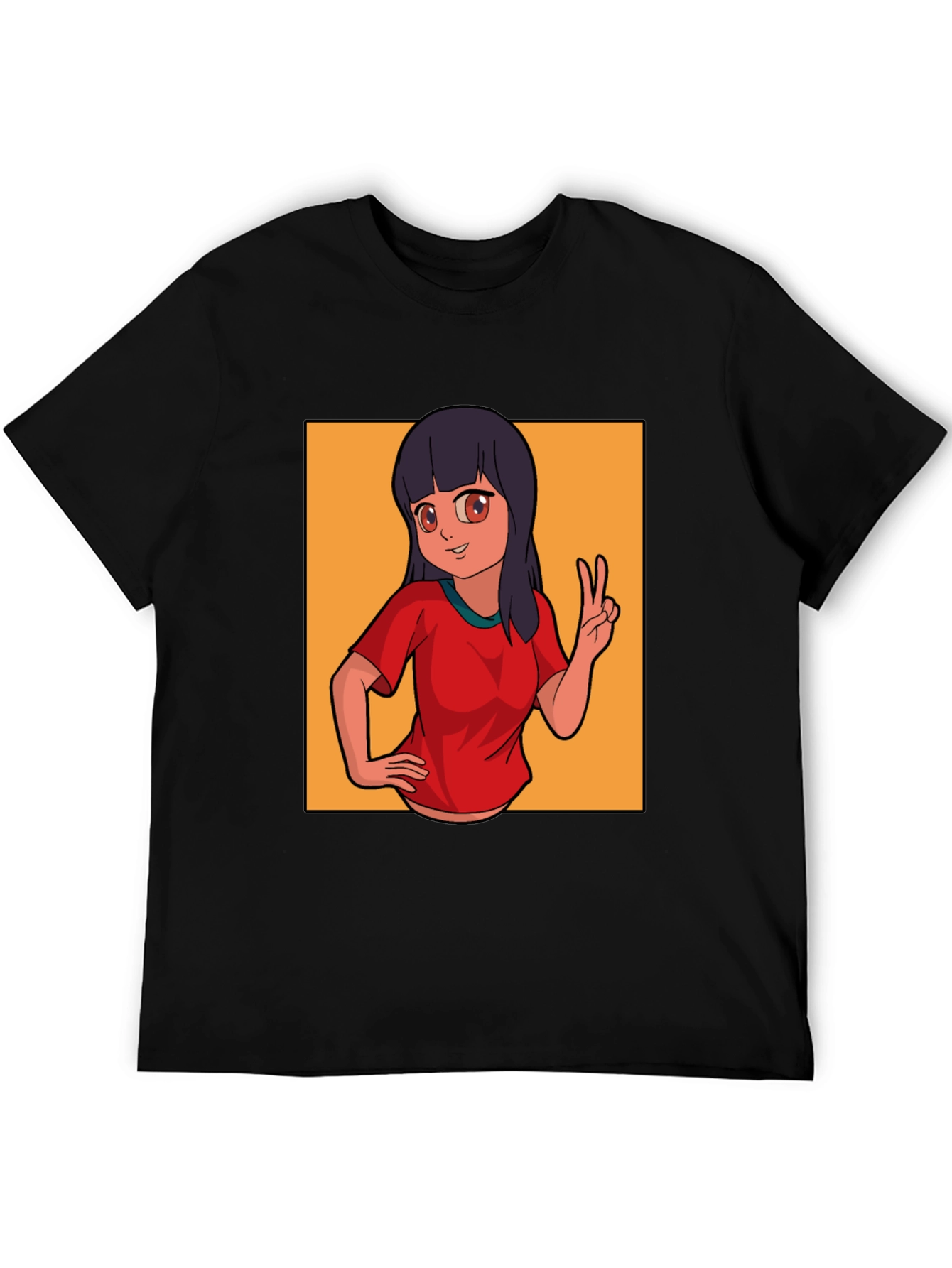 Anime Girl Peace Sign Graphic Black T-Shirt