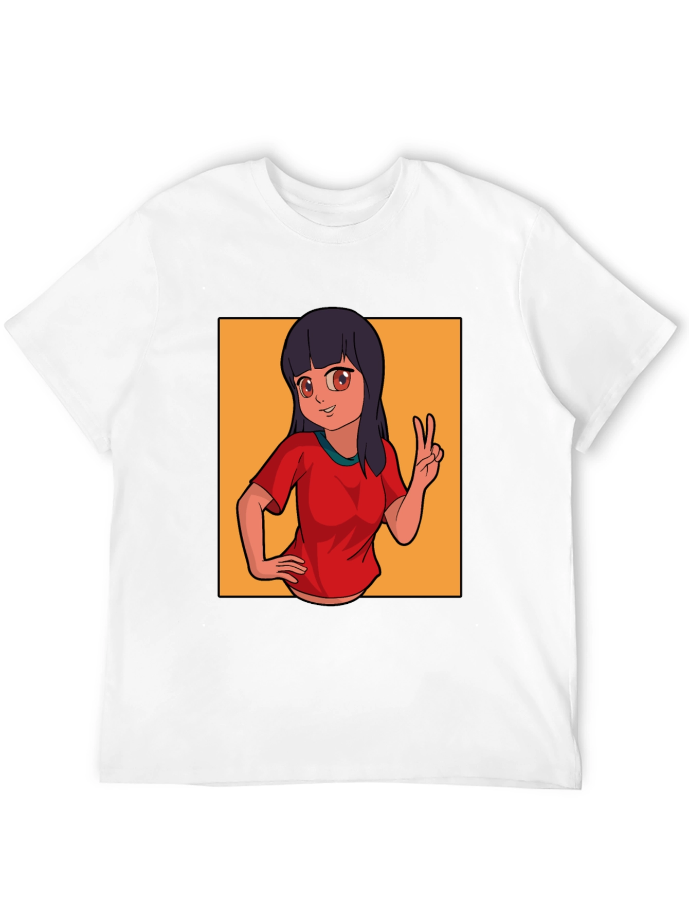 Anime Girl Peace Sign Graphic Black T-Shirt