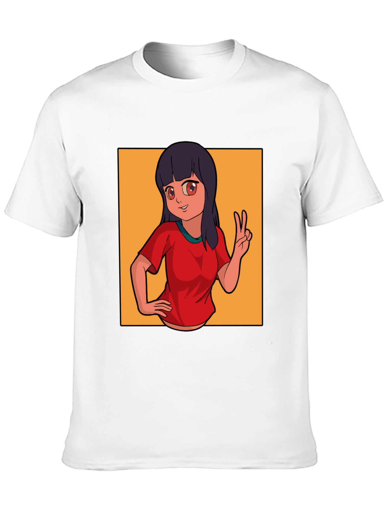 Anime Girl Peace Sign Graphic Black T-Shirt