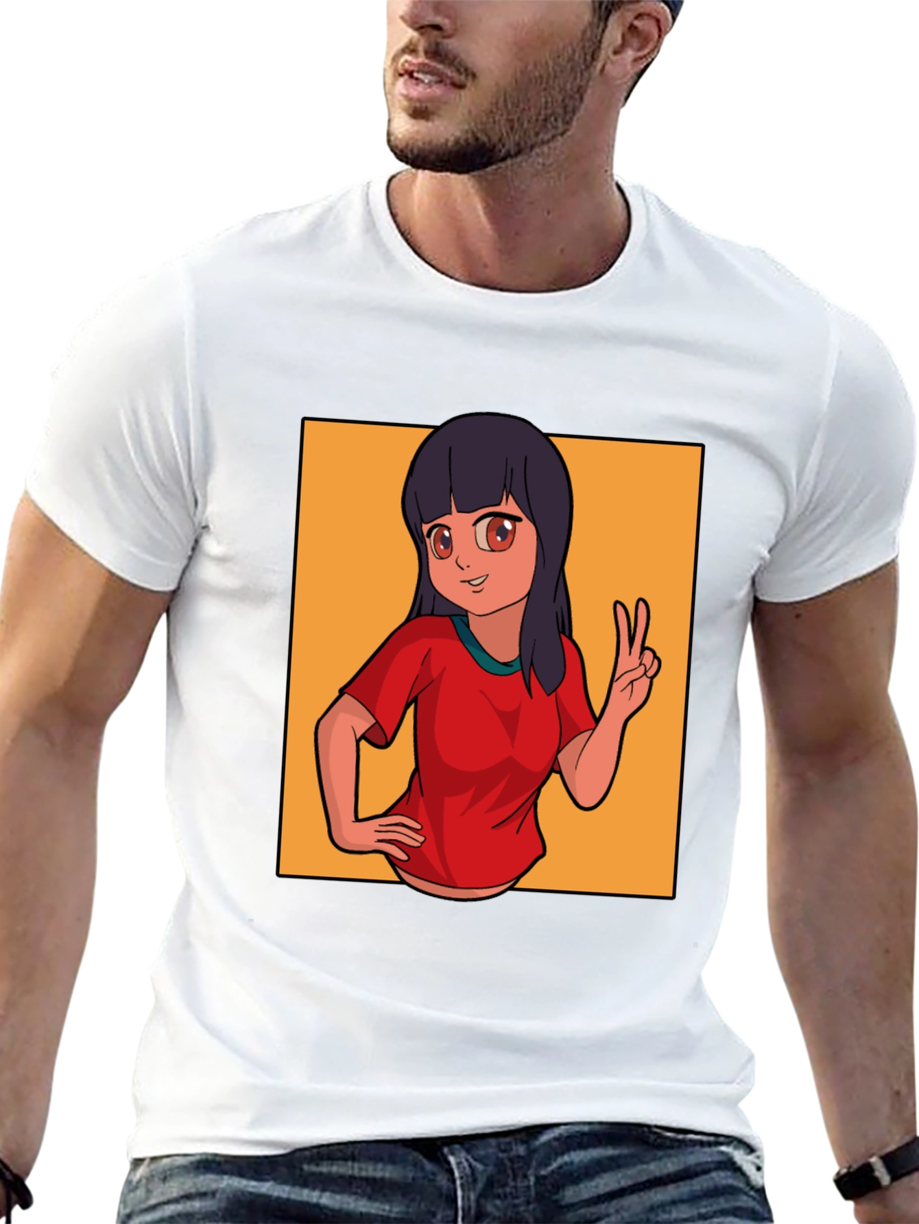 Anime Girl Peace Sign Graphic Black T-Shirt