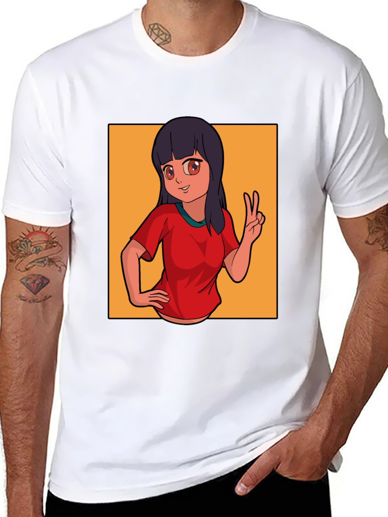 Anime Girl Peace Sign Graphic Black T-Shirt